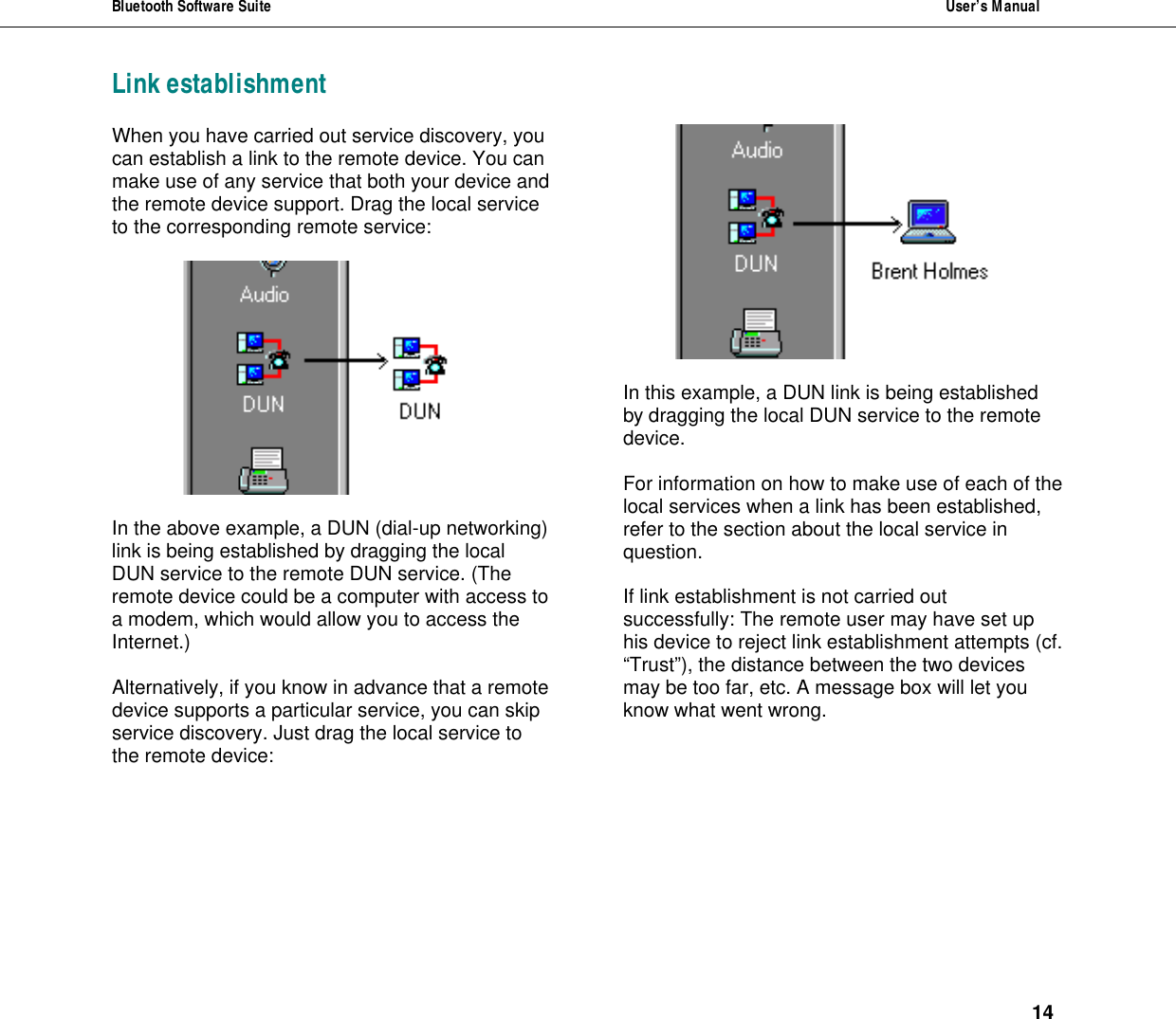 Bluetooth Software Suite  User&rsquo;s Manual      14 Link establishmentWhen you have carried out service discovery, you can establish a link to the remote device. You can make use of any service that both your device and the remote device support. Drag the local service to the corresponding remote service:     In the above example, a DUN (dial-up networking) link is being established by dragging the local DUN service to the remote DUN service. (The remote device could be a computer with access to a modem, which would allow you to access the Internet.)  Alternatively, if you know in advance that a remote device supports a particular service, you can skip service discovery. Just drag the local service to the remote device:    In this example, a DUN link is being established by dragging the local DUN service to the remote device.  For information on how to make use of each of the local services when a link has been established, refer to the section about the local service in question.  If link establishment is not carried out successfully: The remote user may have set up his device to reject link establishment attempts (cf. &ldquo;Trust&rdquo;), the distance between the two devices may be too far, etc. A message box will let you know what went wrong. 
