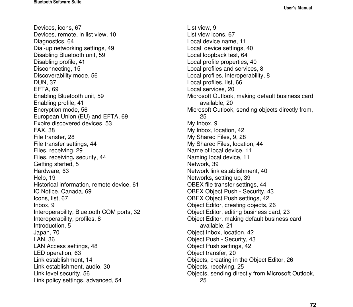 Bluetooth Software Suite   User&rsquo;s Manual      72 Devices, icons, 67 Devices, remote, in list view, 10 Diagnostics, 64 Dial-up networking settings, 49 Disabling Bluetooth unit, 59 Disabling profile, 41 Disconnecting, 15 Discoverability mode, 56 DUN, 37 EFTA, 69 Enabling Bluetooth unit, 59 Enabling profile, 41 Encryption mode, 56 European Union (EU) and EFTA, 69 Expire discovered devices, 53 FAX, 38 File transfer, 28 File transfer settings, 44 Files, receiving, 29 Files, receiving, security, 44 Getting started, 5 Hardware, 63 Help, 19 Historical information, remote device, 61 IC Notice, Canada, 69 Icons, list, 67 Inbox, 9 Interoperability, Bluetooth COM ports, 32 Interoperability, profiles, 8 Introduction, 5 Japan, 70 LAN, 36 LAN Access settings, 48 LED operation, 63 Link establishment, 14 Link establishment, audio, 30 Link level security, 56 Link policy settings, advanced, 54 List view, 9 List view icons, 67 Local device name, 11 Local device settings, 40 Local loopback test, 64 Local profile properties, 40 Local profiles and services, 8 Local profiles, interoperability, 8 Local profiles, list, 66 Local services, 20 Microsoft Outlook, making default business card available, 20 Microsoft Outlook, sending objects directly from, 25 My Inbox, 9 My Inbox, location, 42 My Shared Files, 9, 28 My Shared Files, location, 44 Name of local device, 11 Naming local device, 11 Network, 39 Network link establishment, 40 Networks, setting up, 39 OBEX file transfer settings, 44 OBEX Object Push - Security, 43 OBEX Object Push settings, 42 Object Editor, creating objects, 26 Object Editor, editing business card, 23 Object Editor, making default business card available, 21 Object Inbox, location, 42 Object Push - Security, 43 Object Push settings, 42 Object transfer, 20 Objects, creating in the Object Editor, 26 Objects, receiving, 25 Objects, sending directly from Microsoft Outlook, 25 