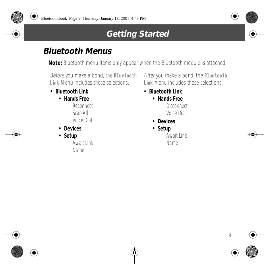  9 Getting StartedBluetooth Menus Note:  Bluetooth menu items only appear when the Bluetooth module is attached. Before  you make a bond, the  Bluetooth Link  Menu includes these selections: After  you make a bond, the  Bluetooth Link  Menu includes these selections: &bull; Bluetooth Link&bull; Hands Free &bull; Reconnect&bull; Scan All&bull; Voice Dial &bull; Devices&bull; Setup &bull; Await Link&bull; Name &bull; Bluetooth Link&bull; Hands Free &bull; Disconnect&bull; Voice Dial &bull; Devices&bull; Setup &bull; Await Link&bull; Name Bluetooth.book  Page 9  Thursday, January 18, 2001  4:43 PM