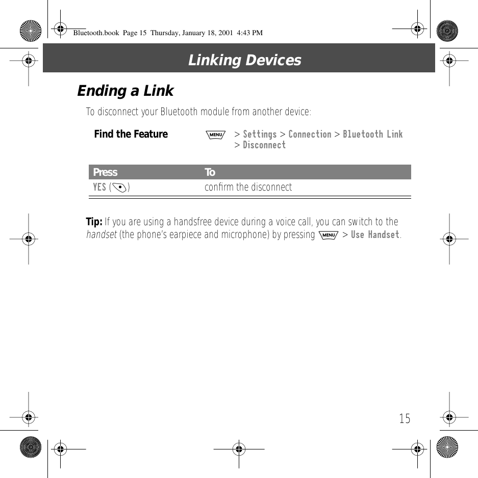 15Linking DevicesEnding a LinkTo disconnect your Bluetooth module from another device:Tip: If you are using a handsfree device during a voice call, you can switch to the handset (the phone&rsquo;s earpiece and microphone) by pressing M > Use Handset.Find the FeatureM> Settings > Connection > Bluetooth Link > DisconnectPress ToYES (-) conﬁrm the disconnectBluetooth.book  Page 15  Thursday, January 18, 2001  4:43 PM
