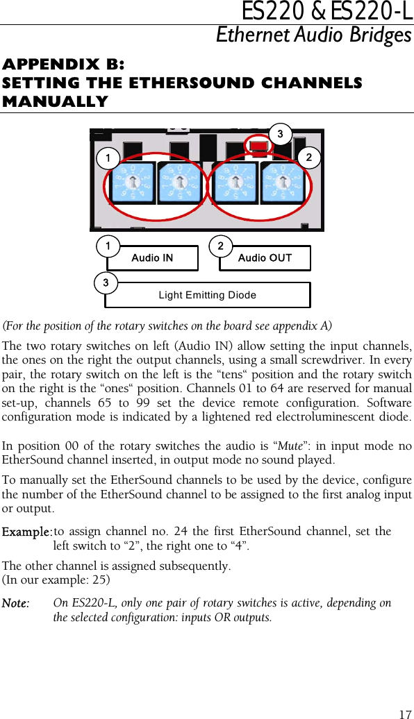 ES220 &amp; ES220-L Ethernet Audio Bridges APPENDIX B: SETTING THE ETHERSOUND CHANNELS MANUALLY 123Audio OUT2Audio IN1Light Emitting Diode3 (For the position of the rotary switches on the board see appendix A) The two rotary switches on left (Audio IN) allow setting the input channels, the ones on the right the output channels, using a small screwdriver. In every pair, the rotary switch on the left is the “tens“ position and the rotary switch on the right is the “ones“ position. Channels 01 to 64 are reserved for manual set-up, channels 65 to 99 set the device remote configuration. Software configuration mode is indicated by a lightened red electroluminescent diode.  In position 00 of the rotary switches the audio is “Mute”: in input mode no EtherSound channel inserted, in output mode no sound played. To manually set the EtherSound channels to be used by the device, configure the number of the EtherSound channel to be assigned to the first analog input or output. Example: to assign channel no. 24 the first EtherSound channel, set the left switch to “2”, the right one to “4”. The other channel is assigned subsequently.   (In our example: 25) Note:  On ES220-L, only one pair of rotary switches is active, depending on the selected configuration: inputs OR outputs.  17