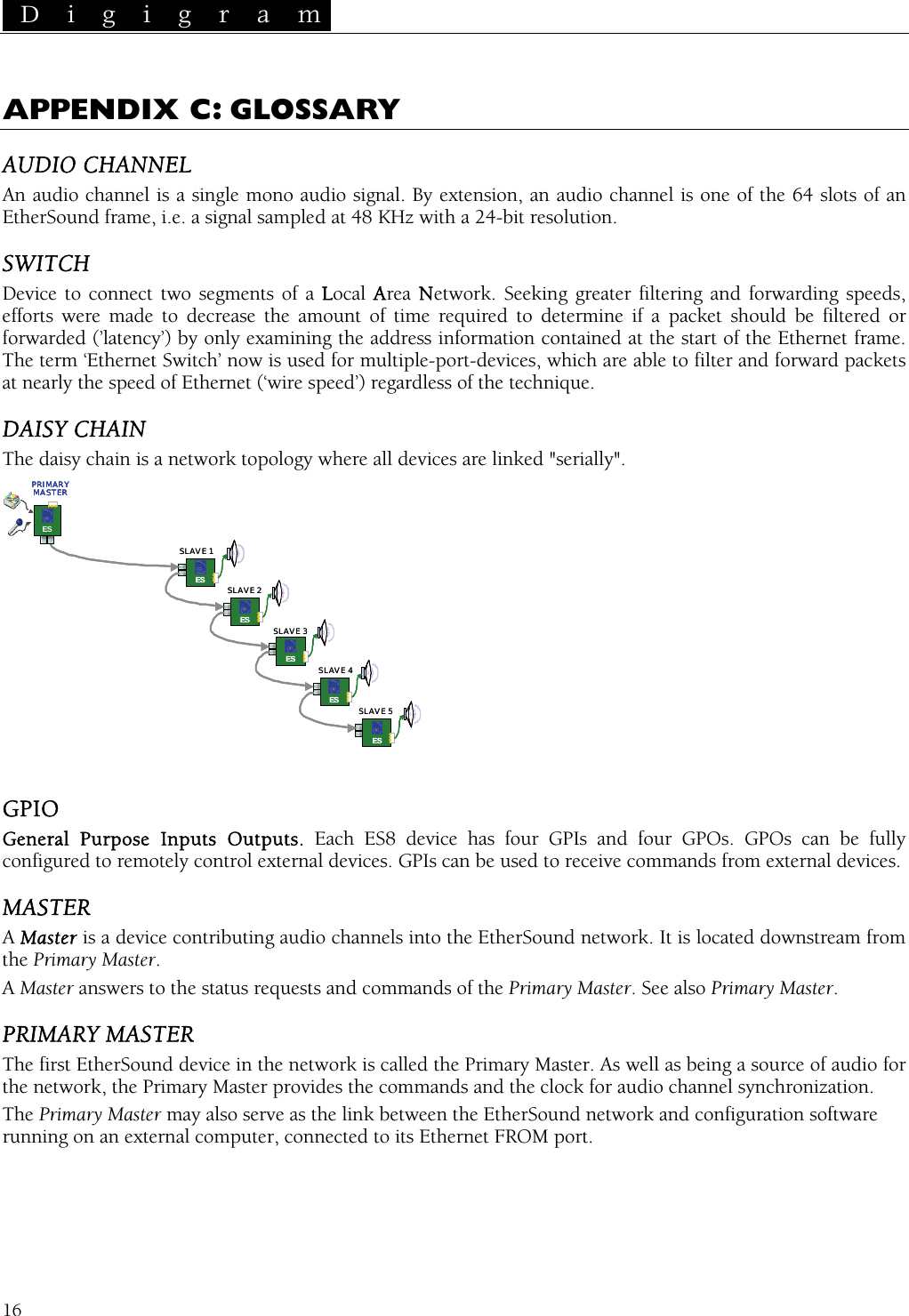  D i g i g r a m   16 APPENDIX C: GLOSSARY AUDIO CHANNEL An audio channel is a single mono audio signal. By extension, an audio channel is one of the 64 slots of an EtherSound frame, i.e. a signal sampled at 48 KHz with a 24-bit resolution. SWITCH Device to connect two segments of a Local Area Network. Seeking greater filtering and forwarding speeds, efforts were made to decrease the amount of time required to determine if a packet should be filtered or forwarded (’latency’) by only examining the address information contained at the start of the Ethernet frame. The term ‘Ethernet Switch’ now is used for multiple-port-devices, which are able to filter and forward packets at nearly the speed of Ethernet (‘wire speed’) regardless of the technique. DAISY CHAIN The daisy chain is a network topology where all devices are linked &quot;serially&quot;. ESESESESESSLAVE 5SLAVE 4SLAVE 3SLAVE 2SLAVE 1ESPRIMARYMASTERESESESESESESESESESESSLAVE 5SLAVE 4SLAVE 3SLAVE 2SLAVE 1ESPRIMARYMASTERESPRIMARYMASTERESESPRIMARYMASTER  GPIO General Purpose Inputs Outputs. Each ES8 device has four GPIs and four GPOs. GPOs can be fully configured to remotely control external devices. GPIs can be used to receive commands from external devices. MASTER A Master is a device contributing audio channels into the EtherSound network. It is located downstream from the Primary Master. A Master answers to the status requests and commands of the Primary Master. See also Primary Master. PRIMARY MASTER The first EtherSound device in the network is called the Primary Master. As well as being a source of audio for the network, the Primary Master provides the commands and the clock for audio channel synchronization. The Primary Master may also serve as the link between the EtherSound network and configuration software running on an external computer, connected to its Ethernet FROM port. 