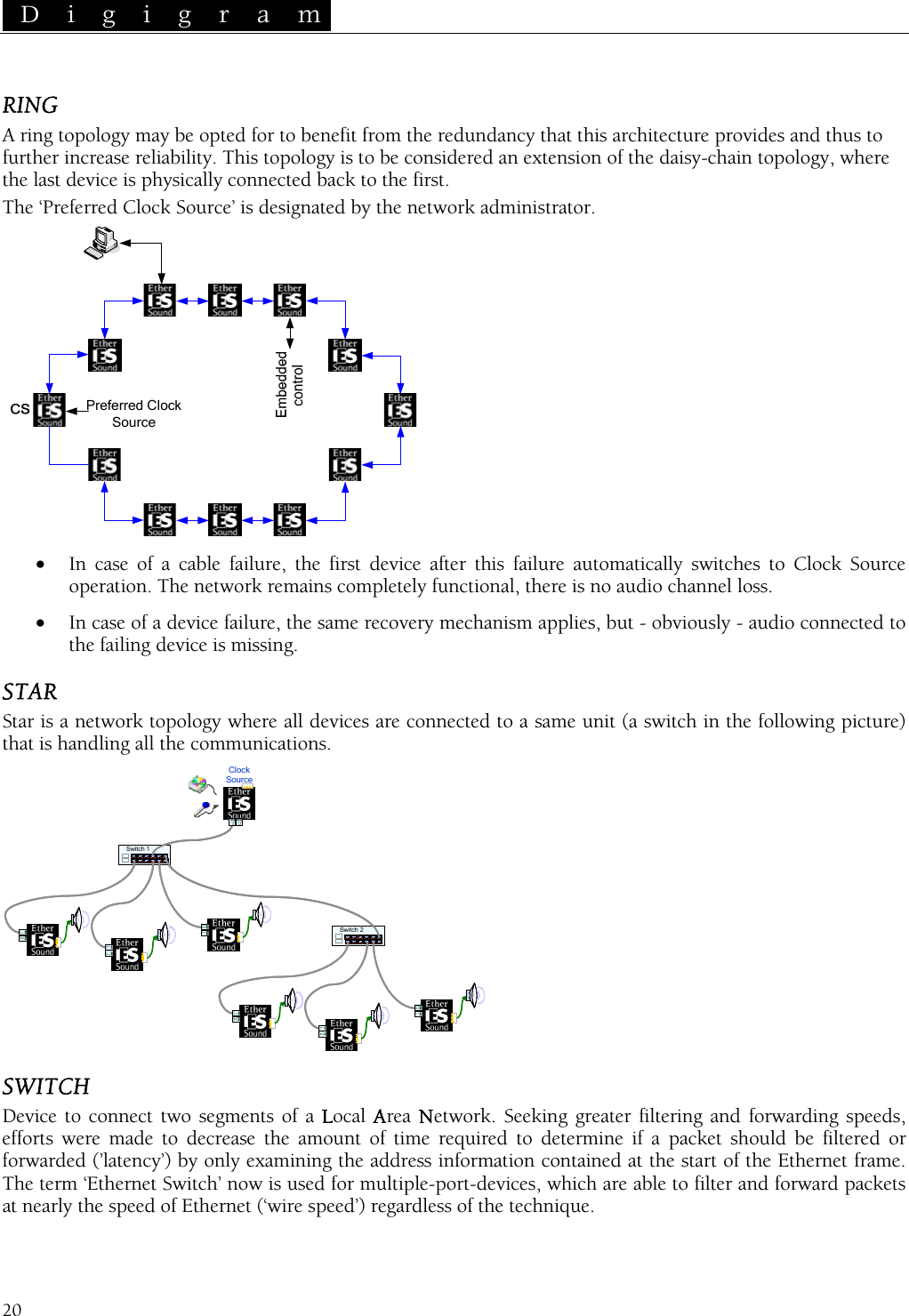  D i g i g r a m   20 he redundancy that this architecture provides and thus to This topology is to be considered an extension of the daisy-chain topology, where lly connected back to the first. RING A ring topology may be opted for to benefit from tfurther increase reliability. the last device is physicaThe ‘Preferred Clock Source’ is designated by the network administrator. Preferred CSourcelock  • In case of a cable failure, the first device after this failure automatically switches to Clock Source operation. The network remains completely functional, there is no audio channel loss. • In case of a device failure, the same recovery mechanism applies, but - obviously - audio connected to the failing device is missing. STAR Star is a network topology where all devices are connected to a same unit (a switch in the following picture) that is handling all the communications. Switch 1Switch 2Switch 1Switch 1Switch 2Switch 2Clock Source SWITCH Device to connect two segments of a Local Area Network. Seeking greater filtering and forwarding speeds, efforts were made to decrease the amount of time required to determine if a packet should be filtered or forwarded (’latency’) by only examining the address information contained at the start of the Ethernet frame. The term ‘Ethernet Switch’ now is used for multiple-port-devices, which are able to filter and forward packets at nearly the speed of Ethernet (‘wire speed’) regardless of the technique. 