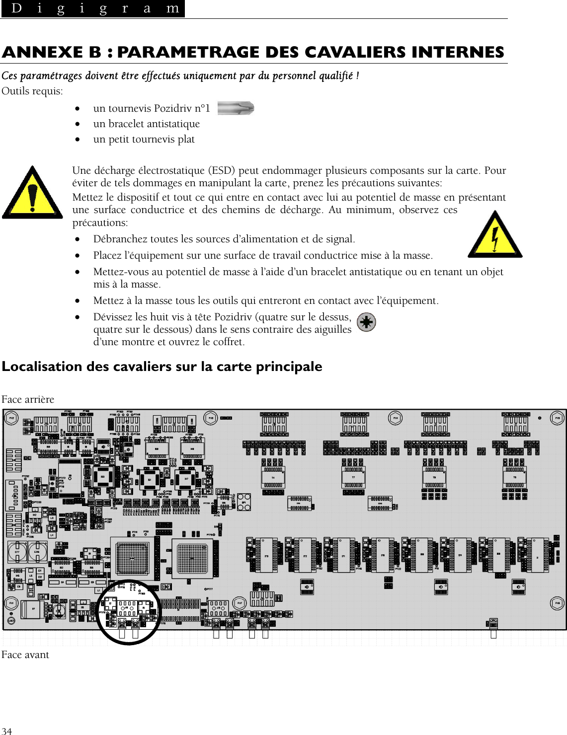  D i g i g r a m   34 ANNEXE B : PARAMETRAGE DES CAVALIERS INTERNES Ces paramétrages doivent être effectués uniquement par du personnel qualifié ! n ozidriv n°1 • let antistatique  trostatique (ESD ger plusieurs composants sur la carte. Pour éviter de tels dommages en manipulant la carte, prenez les précautions suivantes:  ce qui   en contact avec lui au potentiel de masse en présentant une surface conductrice et des chemins de décharge. Au minimum, observezprécautions: ’alimentation et de signal. mis à la masse. quatre sur le dessous) dans le sens contraire des aiguilles t. ocalisation des cavaliers sur la carte principale Outils requis: • u  tournevis Pun brace• un petit tournevis plat Une décharge élec ) peut endommaMettez le dispositif et tout entre ces • Débranchez toutes les sources d• Placez l’équipement sur une surface de travail conductrice mise à la masse. • Mettez-vous au potentiel de masse à l’aide d’un bracelet antistatique ou en tenant un objet • Mettez à la masse tous les outils qui entreront en contact avec l’équipement. • Dévissez les huit vis à tête Pozidriv (quatre sur le dessus, d’une montre et ouvrez le coffreL Face arrière  Face avant  