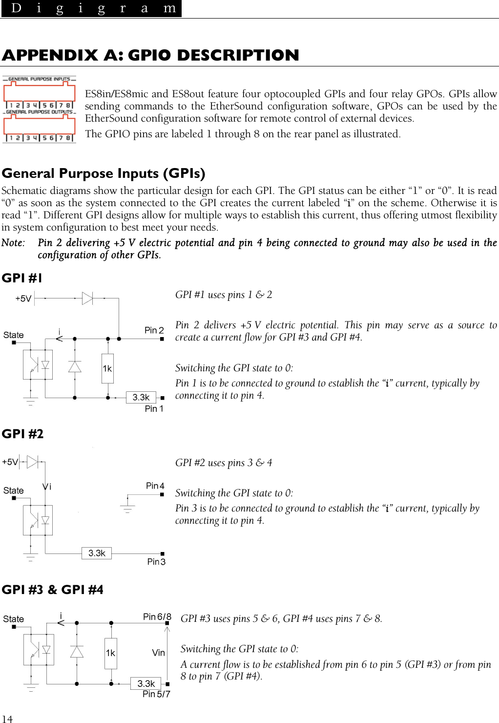  D i g i g r a m   APPENDIX A: GPIO DESCRIPTION  ES8in/ES8mic and ES8out feature four optocoupled GPIs and four relay GPOs. GPIs allow sending commands to the EtherSound configuration software, GPOs can be used by the EtherSound configuration software for remote control of external devices. The GPIO pins are labeled 1 through 8 on the rear panel as illustrated.  General Purpose Inputs (GPIs) Schematic diagrams show the particular design for each GPI. The GPI status can be either “1” or “0”. It is read “0” as soon as the system connected to the GPI creates the current labeled “i” on the scheme. Otherwise it is read “1”. Different GPI designs allow for multiple ways to establish this current, thus offering utmost flexibility in system configuration to best meet your needs. Note:  Pin 2 delivering +5 V electric potential and pin 4 being connected to ground may also be used in the configuration of other GPIs. GPI #1 GPI #1 uses pins 1 &amp; 2  Pin 2 delivers +5 V electric potential. This pin may serve as a source to create a current flow for GPI #3 and GPI #4.  Switching the GPI state to 0: Pin 1 is to be connected to ground to establish the “i” current, typically by connecting it to pin 4.  GPI #2  GPI #2 uses pins 3 &amp; 4  Switching the GPI state to 0: Pin 3 is to be connected to ground to establish the “i” current, typically by connecting it to pin 4.    GPI #3 &amp; GPI #4  GPI #3 uses pins 5 &amp; 6, GPI #4 uses pins 7 &amp; 8.  Switching the GPI state to 0: A current flow is to be established from pin 6 to pin 5 (GPI #3) or from pin 8 to pin 7 (GPI #4).  14 