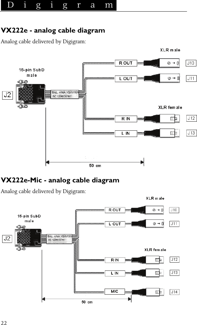  D i g i g r a m    22 VX222e - analog cable diagram Analog cable delivered by Digigram:   VX222e-Mic - analog cable diagram Analog cable delivered by Digigram:  