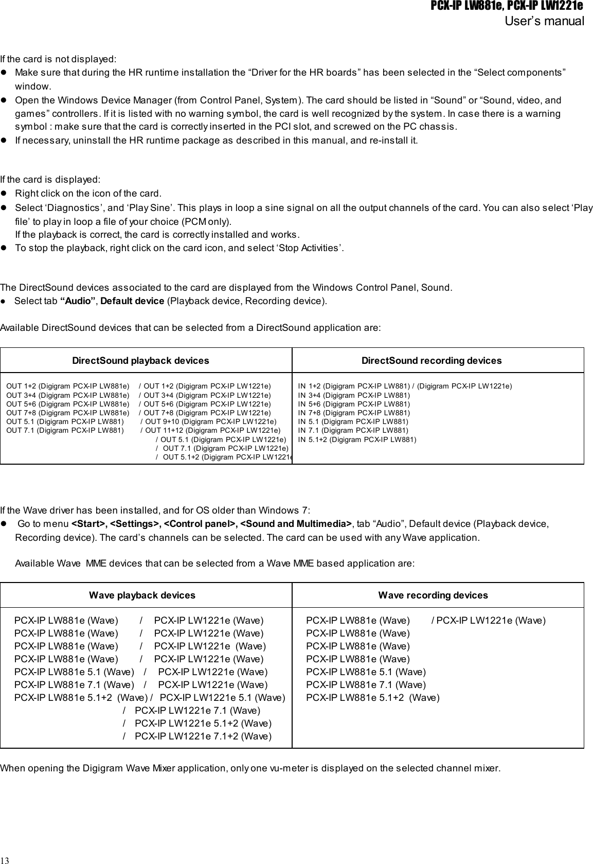 PCX-IP LW881e, PCX-IP LW1221eUser’s manualIf the card is not displayed:●Make sure that during the HR runtime installation the “Driver for the HR boards” has been selected in the “Select components”window.●Open the Windows Device Manager (from Control Panel, System). The card should be listed in “Sound” or “Sound, video, andgames” controllers. If it is listed with no warning symbol, the card is well recognized by the system. In case there is a warningsymbol : make sure that the card is correctly inserted in the PCI slot, and screwed on the PC chassis.●If necessary, uninstall the HR runtime package as described in this manual, and re-install it.If the card is displayed:●Right click on the icon of the card.●Select ‘Diagnostics’, and ‘Play Sine’. This plays in loop a sine signal on all the output channels of the card. You can also select ‘Playfile’ to play in loop a file of your choice (PCM only).If the playback is correct, the card is correctly installed and works.●To stop the playback, right click on the card icon, and select ‘Stop Activities’.The DirectSound devices associated to the card are displayed from the Windows Control Panel, Sound.● Select tab “Audio”, Default device (Playback device, Recording device).Available DirectSound devices that can be selected from a DirectSound application are:DirectSound playback devicesDirectSound recording devicesOUT 1+2 (Digigram PCX-IP LW881e)    / OUT 1+2 (Digigram PCX-IP LW1221e)OUT 3+4 (Digigram PCX-IP LW881e)    / OUT 3+4 (Digigram PCX-IP LW1221e)OUT 5+6 (Digigram PCX-IP LW881e)    / OUT 5+6 (Digigram PCX-IP LW1221e)OUT 7+8 (Digigram PCX-IP LW881e)    / OUT 7+8 (Digigram PCX-IP LW1221e)OUT 5.1 (Digigram PCX-IP LW881)       / OUT 9+10 (Digigram PCX-IP LW1221e)OUT 7.1 (Digigram PCX-IP LW881)       / OUT 11+12 (Digigram PCX-IP LW1221e)                                                              / OUT 5.1 (Digigram PCX-IP LW1221e)                                                              /  OUT 7.1 (Digigram PCX-IP LW1221e)                                                              /  OUT 5.1+2 (Digigram PCX-IP LW1221e)IN 1+2 (Digigram PCX-IP LW881) / (Digigram PCX-IP LW1221e)IN 3+4 (Digigram PCX-IP LW881)IN 5+6 (Digigram PCX-IP LW881)IN 7+8 (Digigram PCX-IP LW881)IN 5.1 (Digigram PCX-IP LW881)IN 7.1 (Digigram PCX-IP LW881)IN 5.1+2 (Digigram PCX-IP LW881)If the Wave driver has been installed, and for OS older than Windows 7:● Go to menu &lt;Start&gt;, &lt;Settings&gt;, &lt;Control panel&gt;, &lt;Sound and Multimedia&gt;, tab “Audio”, Default device (Playback device,Recording device). The card’s channels can be selected. The card can be used with any Wave application.Available Wave  MME devices that can be selected from a Wave MME based application are:Wave playback devicesWave recording devicesPCX-IP LW881e (Wave)         /     PCX-IP LW1221e (Wave)PCX-IP LW881e (Wave)         /     PCX-IP LW1221e (Wave)PCX-IP LW881e (Wave)         /     PCX-IP LW1221e  (Wave)PCX-IP LW881e (Wave)         /     PCX-IP LW1221e (Wave)PCX-IP LW881e 5.1 (Wave)    /     PCX-IP LW1221e (Wave)PCX-IP LW881e 7.1 (Wave)    /     PCX-IP LW1221e (Wave)PCX-IP LW881e 5.1+2  (Wave) /   PCX-IP LW1221e 5.1 (Wave)                                             /    PCX-IP LW1221e 7.1 (Wave)                                             /    PCX-IP LW1221e 5.1+2 (Wave)                                             /    PCX-IP LW1221e 7.1+2 (Wave)PCX-IP LW881e (Wave)         / PCX-IP LW1221e (Wave)PCX-IP LW881e (Wave)PCX-IP LW881e (Wave)PCX-IP LW881e (Wave)PCX-IP LW881e 5.1 (Wave)PCX-IP LW881e 7.1 (Wave)PCX-IP LW881e 5.1+2  (Wave)When opening the Digigram Wave Mixer application, only one vu-meter is displayed on the selected channel mixer.13