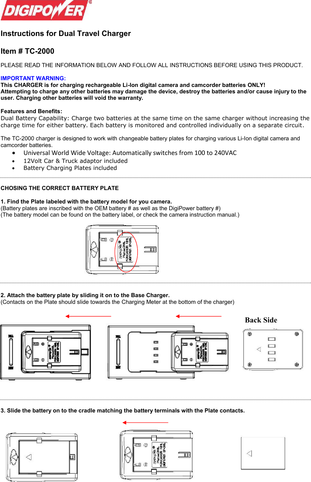 Page 1 of 2 - Digipower Digipower-Tc-2000-Users-Manual- Operating Instructions For Travel Charger Item # TC-1000/RTC-1000/VTC-1000  Digipower-tc-2000-users-manual