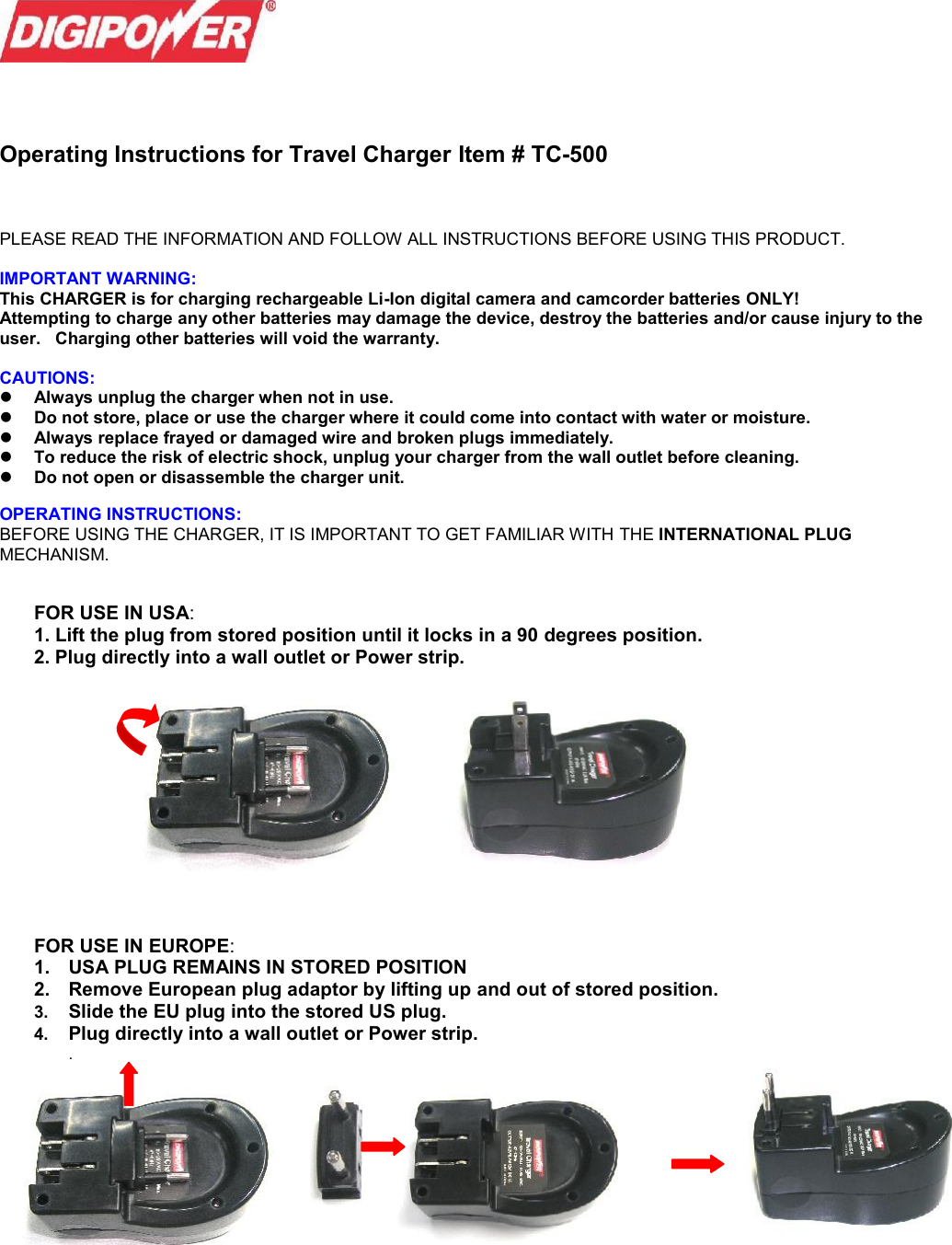 Page 1 of 3 - Digipower Digipower-Tc-500-Users-Manual- Operating Instructions For Travel Charger  Digipower-tc-500-users-manual