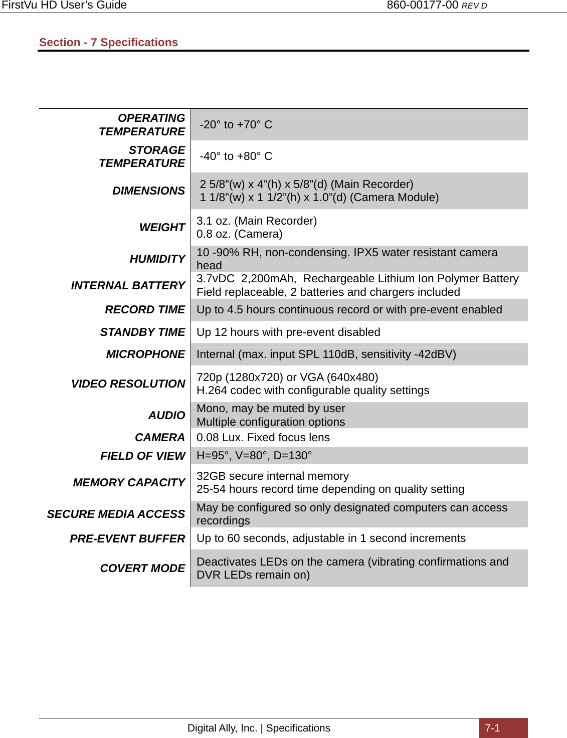 FirstVu HD User’s Guide                                   860-00177-00 REV D Digital Ally, Inc. | Specifications  7-1  Section - 7 Specifications   OPERATING TEMPERATURE   -20° to +70° C  STORAGE TEMPERATURE   -40° to +80° C  DIMENSIONS   2 5/8”(w) x 4”(h) x 5/8”(d) (Main Recorder)  1 1/8”(w) x 1 1/2”(h) x 1.0”(d) (Camera Module) WEIGHT  3.1 oz. (Main Recorder) 0.8 oz. (Camera) HUMIDITY  10 -90% RH, non-condensing. IPX5 water resistant camera head INTERNAL BATTERY  3.7vDC  2,200mAh,  Rechargeable Lithium Ion Polymer Battery Field replaceable, 2 batteries and chargers included RECORD TIME  Up to 4.5 hours continuous record or with pre-event enabled STANDBY TIME  Up 12 hours with pre-event disabled MICROPHONE  Internal (max. input SPL 110dB, sensitivity -42dBV) VIDEO RESOLUTION  720p (1280x720) or VGA (640x480)  H.264 codec with configurable quality settings AUDIO  Mono, may be muted by user Multiple configuration options CAMERA   0.08 Lux. Fixed focus lens FIELD OF VIEW  H=95°, V=80°, D=130° MEMORY CAPACITY  32GB secure internal memory 25-54 hours record time depending on quality setting  SECURE MEDIA ACCESS  May be configured so only designated computers can access recordings PRE-EVENT BUFFER  Up to 60 seconds, adjustable in 1 second increments COVERT MODE  Deactivates LEDs on the camera (vibrating confirmations and DVR LEDs remain on) 