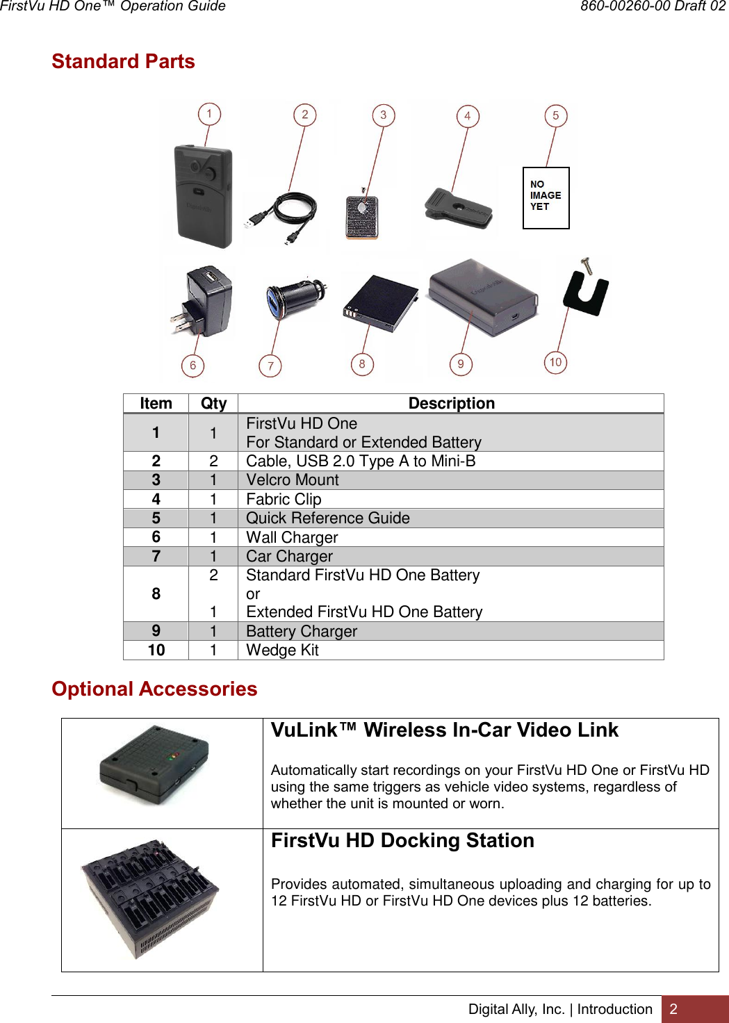 FirstVu HD One™ Operation Guide                                                                                        860-00260-00 Draft 02 Digital Ally, Inc. | Introduction 2  Standard Parts                    Item Qty Description 1 1 FirstVu HD One For Standard or Extended Battery 2 2 Cable, USB 2.0 Type A to Mini-B 3 1 Velcro Mount 4 1 Fabric Clip  5 1 Quick Reference Guide 6 1 Wall Charger 7 1 Car Charger 8 2  1 Standard FirstVu HD One Battery or Extended FirstVu HD One Battery 9 1 Battery Charger 10 1 Wedge Kit Optional Accessories    VuLink™ Wireless In-Car Video Link Automatically start recordings on your FirstVu HD One or FirstVu HD using the same triggers as vehicle video systems, regardless of whether the unit is mounted or worn.   FirstVu HD Docking Station  Provides automated, simultaneous uploading and charging for up to 12 FirstVu HD or FirstVu HD One devices plus 12 batteries. 