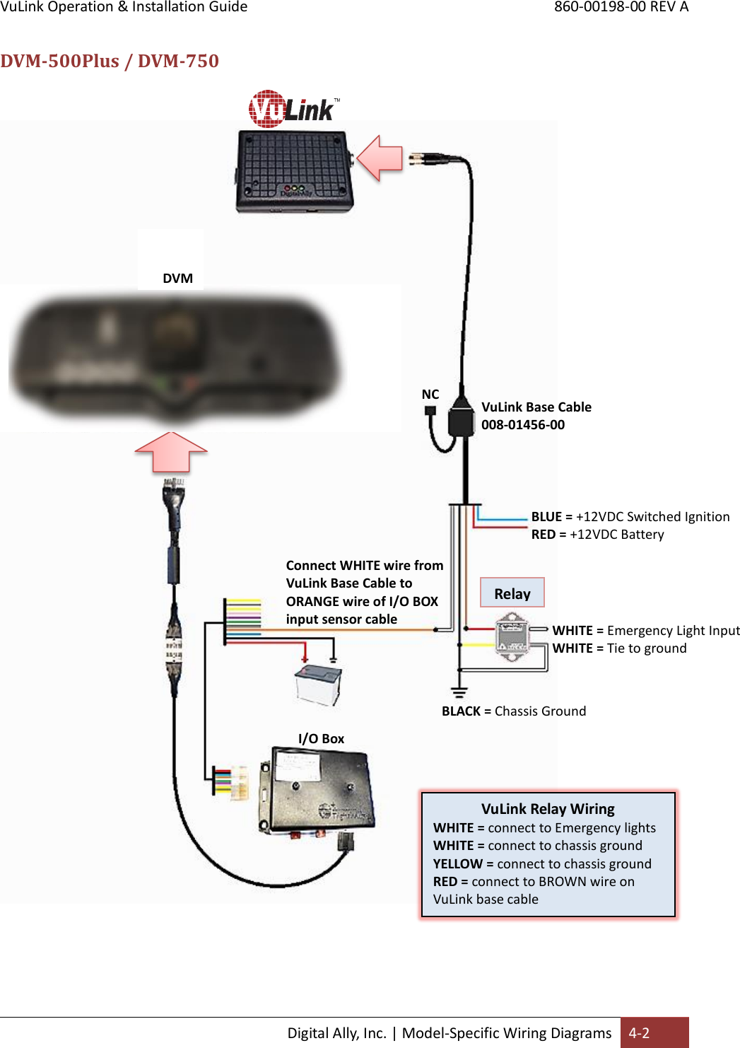 VuLink Operation &amp; Installation Guide       860-00198-00 REV A  Digital Ally, Inc. | Model-Specific Wiring Diagrams 4-2  DVM-500Plus / DVM-750        VuLink Relay Wiring WHITE = connect to Emergency lights WHITE = connect to chassis ground YELLOW = connect to chassis ground RED = connect to BROWN wire on VuLink base cable     BLUE = +12VDC Switched Ignition RED = +12VDC Battery     WHITE = Emergency Light Input WHITE = Tie to ground     BLACK = Chassis Ground     Connect WHITE wire from VuLink Base Cable to ORANGE wire of I/O BOX input sensor cable     Relay (see below)     DVM VuLink Base Cable  008-01456-00 I/O Box DVM     NC     