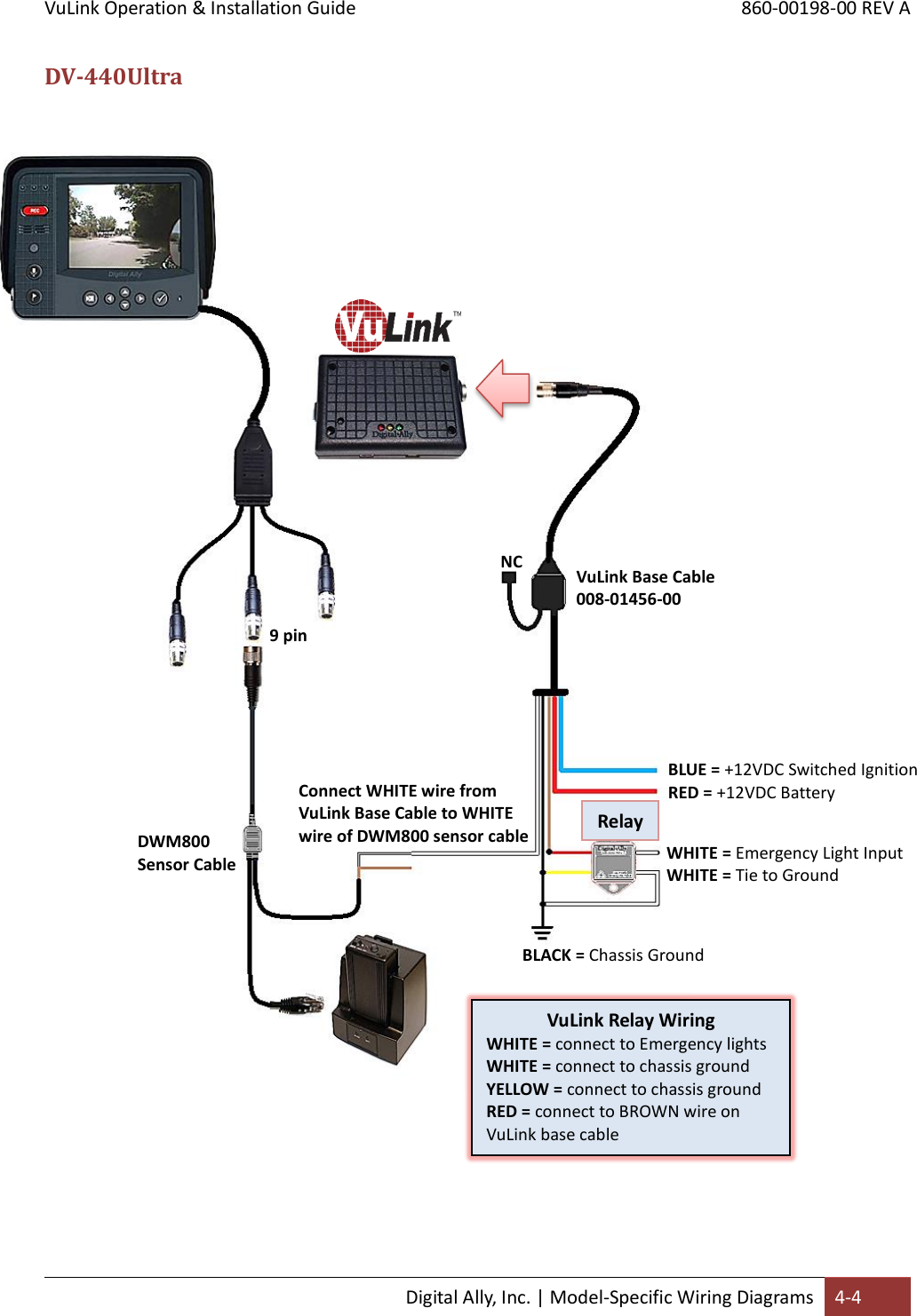 VuLink Operation &amp; Installation Guide       860-00198-00 REV A  Digital Ally, Inc. | Model-Specific Wiring Diagrams 4-4  DV-440Ultra                            BLUE = +12VDC Switched Ignition RED = +12VDC Battery     WHITE = Emergency Light Input WHITE = Tie to Ground     VuLink Base Cable  008-01456-00 Connect WHITE wire from VuLink Base Cable to WHITE wire of DWM800 sensor cable     VuLink Relay Wiring WHITE = connect to Emergency lights WHITE = connect to chassis ground YELLOW = connect to chassis ground RED = connect to BROWN wire on VuLink base cable     Relay     DWM800  Sensor Cable     9 pin      NC     BLACK = Chassis Ground     