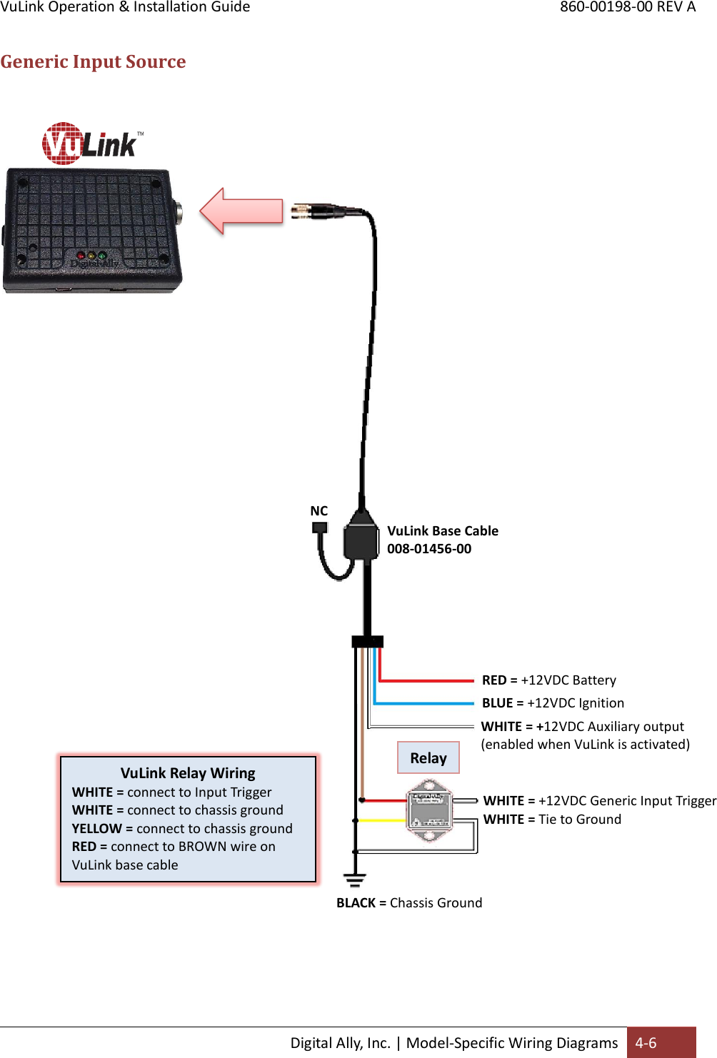 VuLink Operation &amp; Installation Guide       860-00198-00 REV A  Digital Ally, Inc. | Model-Specific Wiring Diagrams 4-6  Generic Input Source     RED = +12VDC Battery     BLUE = +12VDC Ignition     WHITE = +12VDC Auxiliary output (enabled when VuLink is activated)     VuLink Relay Wiring WHITE = connect to Input Trigger WHITE = connect to chassis ground YELLOW = connect to chassis ground RED = connect to BROWN wire on VuLink base cable     WHITE = +12VDC Generic Input Trigger WHITE = Tie to Ground     VuLink Base Cable  008-01456-00 Relay     NC     BLACK = Chassis Ground     