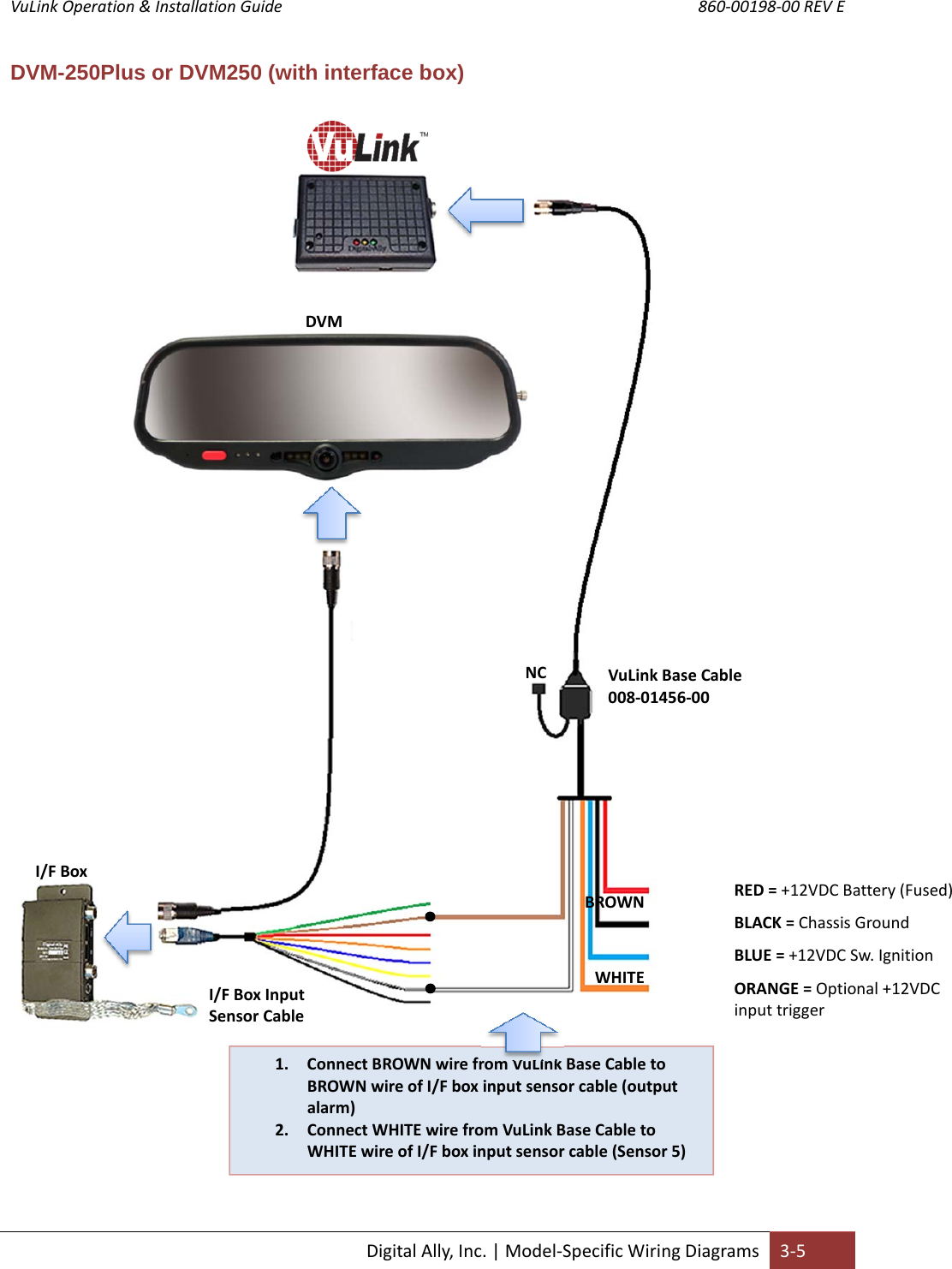 VuLink Operation &amp; Installation Guide       860‐00198‐00 REV E  DigitalAlly,Inc.|Model‐SpecificWiringDiagrams3‐5DVM-250Plus or DVM250 (with interface box)   RED=+12VDCBattery (Fused)BLACK=ChassisGroundBLUE=+12VDCSw.IgnitionORANGE=Optional+12VDCinputtriggerVuLinkBaseCable008‐01456‐00DVMI/FBox1. ConnectBROWNwirefromVuLinkBaseCabletoBROWNwireofI/Fboxinputsensorcable(outputalarm)2. ConnectWHITEwirefromVuLinkBaseCabletoWHITEwireofI/Fboxinputsensorcable(Sensor5)NCBROWNWHITEI/FBoxInputSensorCable