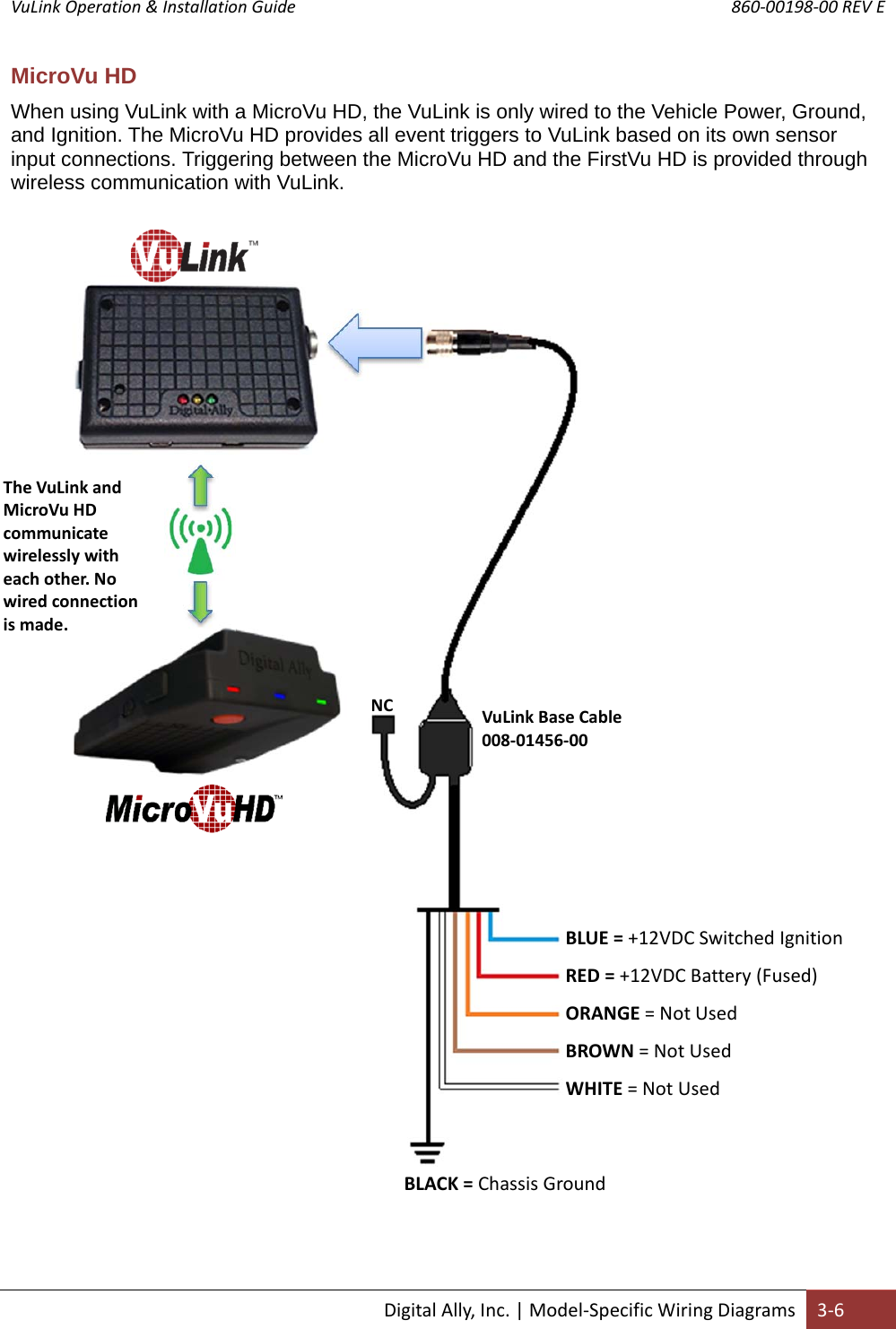 VuLink Operation &amp; Installation Guide       860‐00198‐00 REV E  DigitalAlly,Inc.|Model‐SpecificWiringDiagrams3‐6MicroVu HD When using VuLink with a MicroVu HD, the VuLink is only wired to the Vehicle Power, Ground, and Ignition. The MicroVu HD provides all event triggers to VuLink based on its own sensor input connections. Triggering between the MicroVu HD and the FirstVu HD is provided through wireless communication with VuLink. BLUE=+12VDCSwitchedIgnitionRED=+12VDCBattery(Fused)ORANGE=NotUsedBROWN=NotUsedWHITE=NotUsedVuLinkBaseCable008‐01456‐00NCBLACK=ChassisGroundTheVuLinkandMicroVuHDcommunicatewirelesslywitheachother.Nowiredconnectionismade.