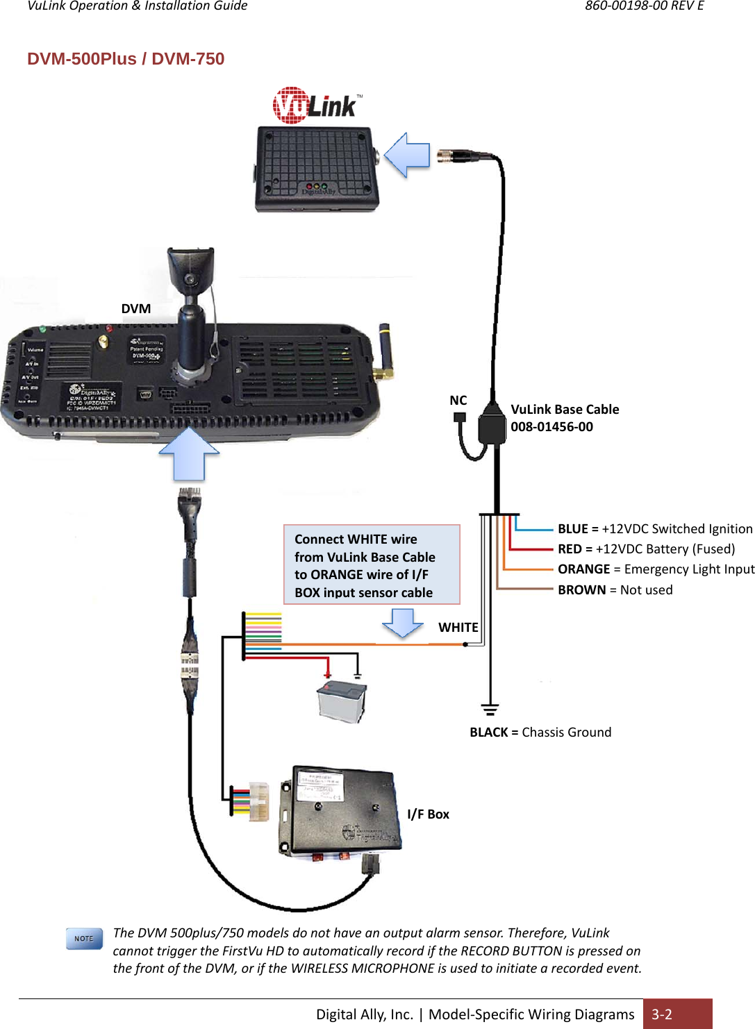 VuLink Operation &amp; Installation Guide       860‐00198‐00 REV E  DigitalAlly,Inc.|Model‐SpecificWiringDiagrams3‐2DVM-500Plus / DVM-750 BLUE=+12VDCSwitchedIgnitionRED=+12VDCBattery(Fused)ORANGE=EmergencyLightInputBROWN=NotusedBLACK=ChassisGroundDVMVuLinkBaseCable008‐01456‐00I/FBoxNCConnectWHITEwirefromVuLinkBaseCabletoORANGEwireofI/FBOXinputsensorcableWHITEThe DVM 500plus/750 models do not have an output alarm sensor. Therefore, VuLink cannot trigger the FirstVu HD to automatically record if the RECORD BUTTON is pressed on the front of the DVM, or if the WIRELESS MICROPHONE is used to initiate a recorded event.