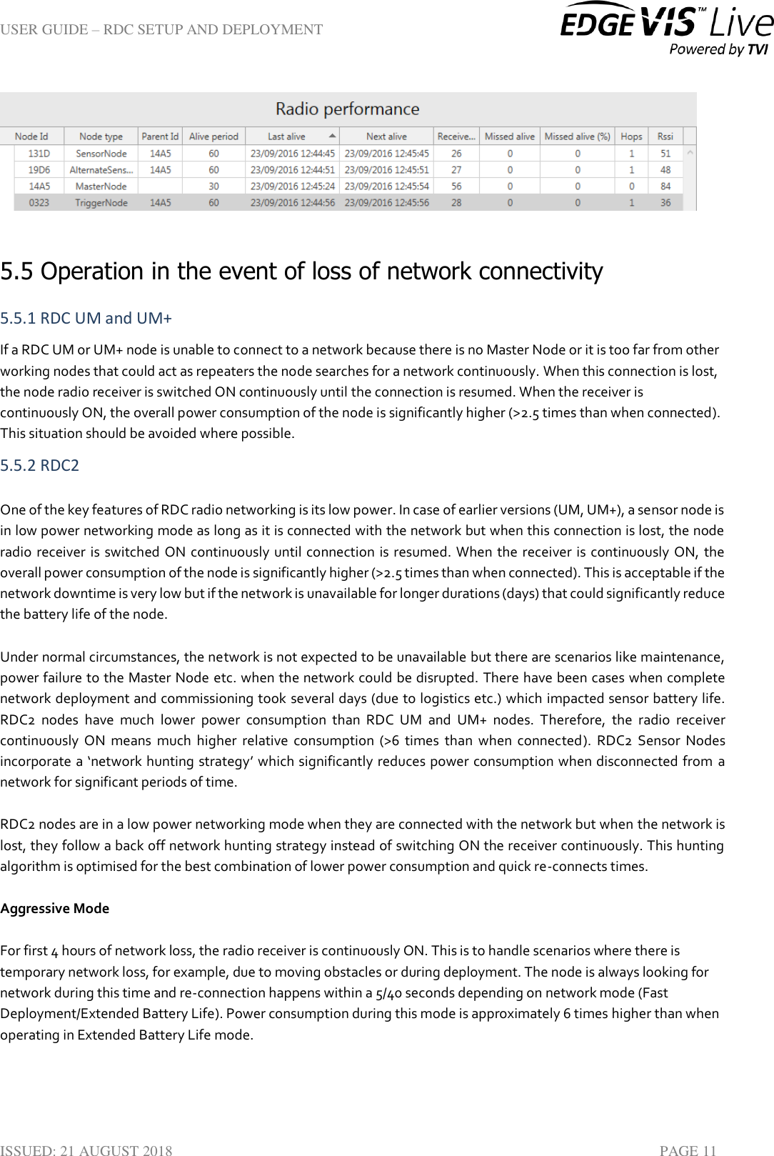 USER GUIDE – RDC SETUP AND DEPLOYMENT  ISSUED: 21 AUGUST 2018    PAGE 11   5.5 Operation in the event of loss of network connectivity 5.5.1 RDC UM and UM+ If a RDC UM or UM+ node is unable to connect to a network because there is no Master Node or it is too far from other working nodes that could act as repeaters the node searches for a network continuously. When this connection is lost, the node radio receiver is switched ON continuously until the connection is resumed. When the receiver is continuously ON, the overall power consumption of the node is significantly higher (&gt;2.5 times than when connected). This situation should be avoided where possible. 5.5.2 RDC2 One of the key features of RDC radio networking is its low power. In case of earlier versions (UM, UM+), a sensor node is in low power networking mode as long as it is connected with the network but when this connection is lost, the node radio  receiver is switched ON continuously until connection is resumed. When  the receiver  is continuously  ON,  the overall power consumption of the node is significantly higher (&gt;2.5 times than when connected). This is acceptable if the network downtime is very low but if the network is unavailable for longer durations (days) that could significantly reduce the battery life of the node. Under normal circumstances, the network is not expected to be unavailable but there are scenarios like maintenance, power failure to the Master Node etc. when the network could be disrupted. There have been cases when complete network deployment and commissioning took several days (due to logistics etc.) which impacted sensor battery life. RDC2  nodes  have  much  lower  power  consumption  than  RDC  UM  and  UM+  nodes.  Therefore,  the  radio  receiver continuously  ON  means  much  higher  relative  consumption  (&gt;6  times  than  when  connected).  RDC2  Sensor  Nodes incorporate a ‘network hunting strategy’ which significantly reduces power consumption when disconnected from a network for significant periods of time. RDC2 nodes are in a low power networking mode when they are connected with the network but when the network is lost, they follow a back off network hunting strategy instead of switching ON the receiver continuously. This hunting algorithm is optimised for the best combination of lower power consumption and quick re-connects times. Aggressive Mode For first 4 hours of network loss, the radio receiver is continuously ON. This is to handle scenarios where there is temporary network loss, for example, due to moving obstacles or during deployment. The node is always looking for network during this time and re-connection happens within a 5/40 seconds depending on network mode (Fast Deployment/Extended Battery Life). Power consumption during this mode is approximately 6 times higher than when operating in Extended Battery Life mode.  