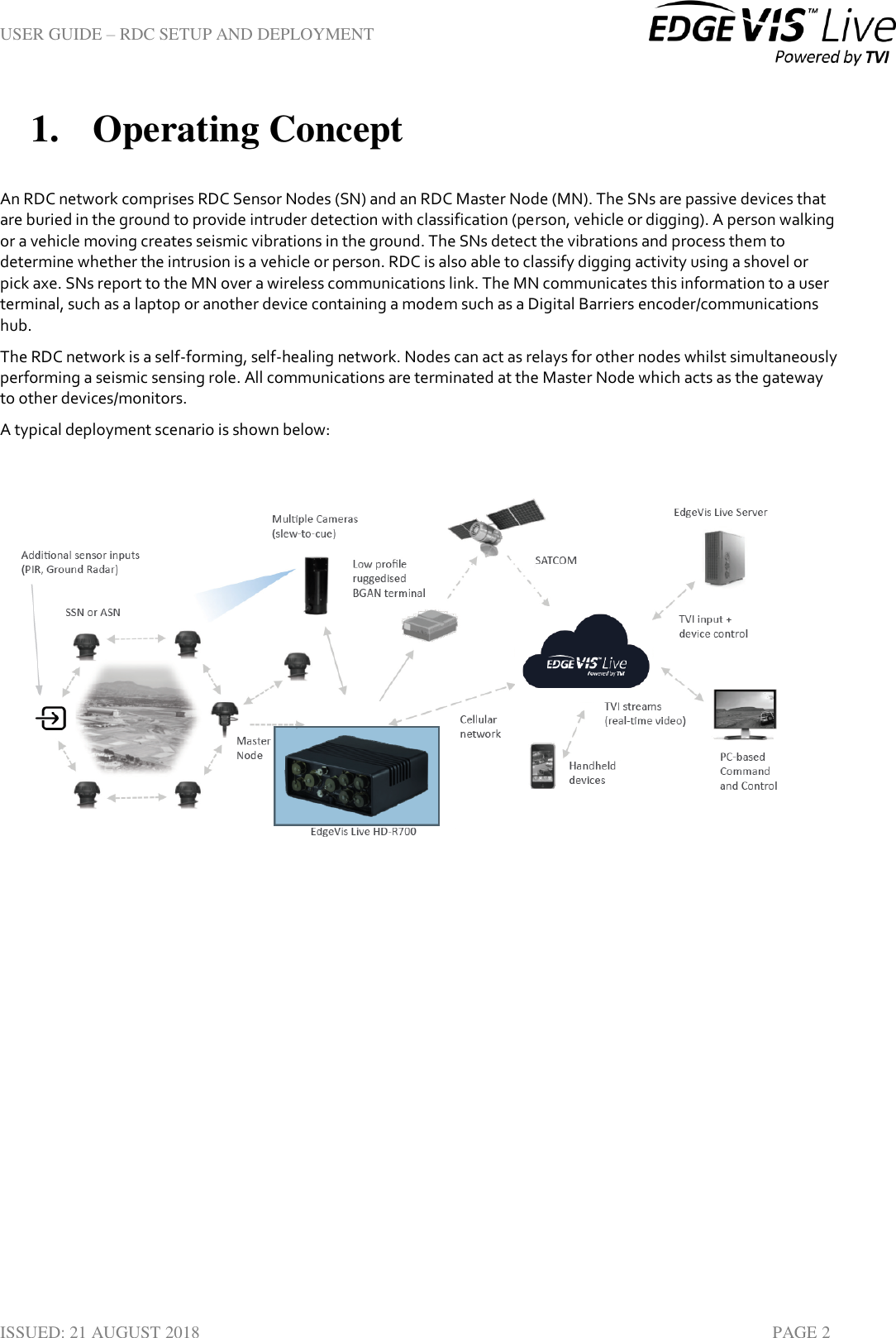 USER GUIDE – RDC SETUP AND DEPLOYMENT  ISSUED: 21 AUGUST 2018    PAGE 2 1. Operating Concept An RDC network comprises RDC Sensor Nodes (SN) and an RDC Master Node (MN). The SNs are passive devices that are buried in the ground to provide intruder detection with classification (person, vehicle or digging). A person walking or a vehicle moving creates seismic vibrations in the ground. The SNs detect the vibrations and process them to determine whether the intrusion is a vehicle or person. RDC is also able to classify digging activity using a shovel or pick axe. SNs report to the MN over a wireless communications link. The MN communicates this information to a user terminal, such as a laptop or another device containing a modem such as a Digital Barriers encoder/communications hub. The RDC network is a self-forming, self-healing network. Nodes can act as relays for other nodes whilst simultaneously performing a seismic sensing role. All communications are terminated at the Master Node which acts as the gateway to other devices/monitors. A typical deployment scenario is shown below:     