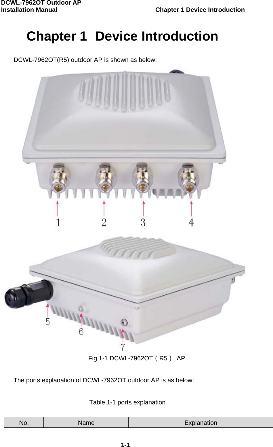 DCWL-7962OT Outdoor AP   Installation Manual                               Chapter 1 Device Introduction 1-1 Chapter 1  Device Introduction DCWL-7962OT(R5) outdoor AP is shown as below:   Fig 1-1 DCWL-7962OT（R5） AP  The ports explanation of DCWL-7962OT outdoor AP is as below:  Table 1-1 ports explanation  No. Name Explanation 