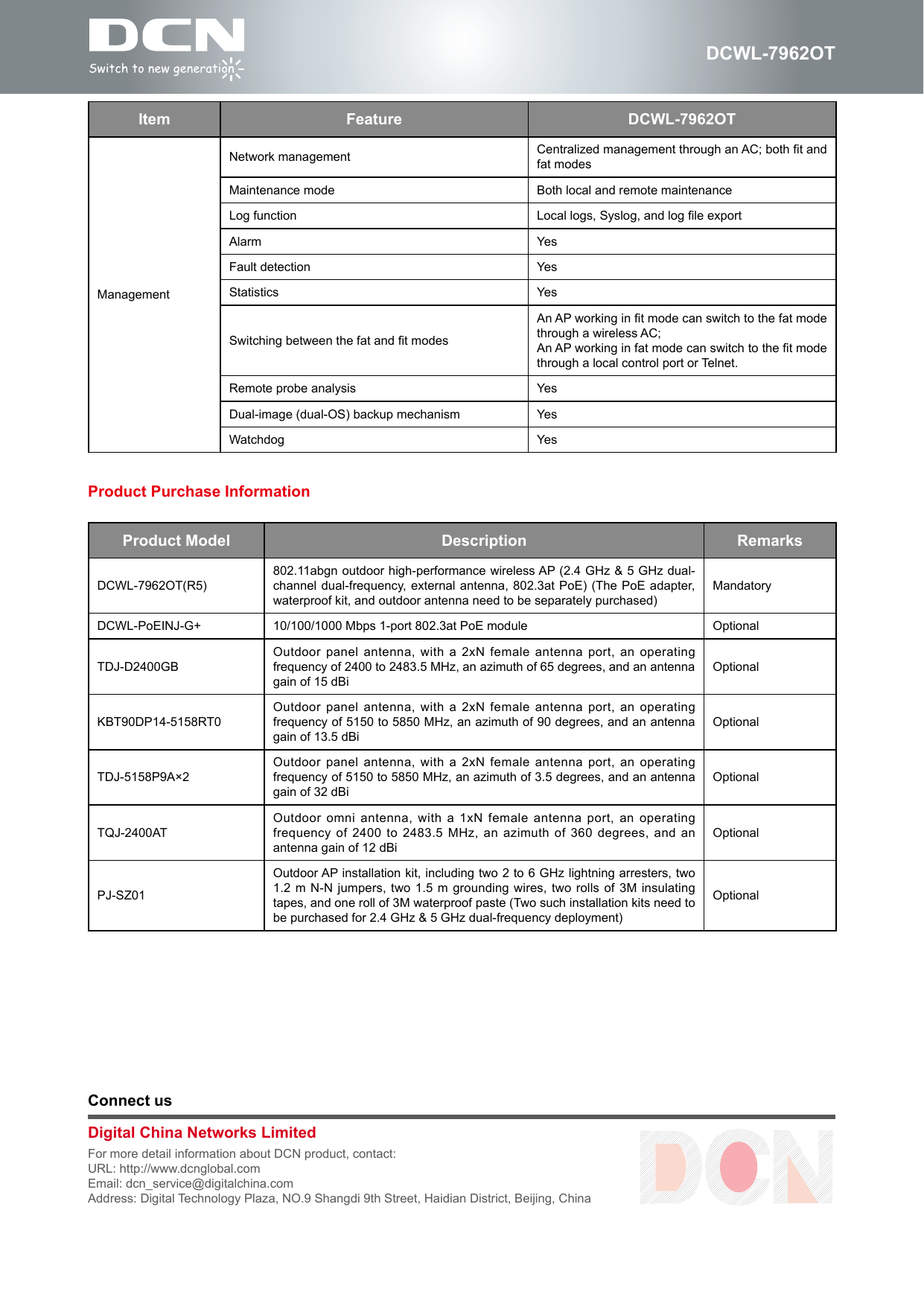 DCWL-7962OTItem Feature DCWL-7962OTManagementNetwork management Centralized management through an AC; both t and fat modesMaintenance mode Both local and remote maintenanceLog function Local logs, Syslog, and log le exportAlarm YesFault detection YesStatistics YesSwitching between the fat and t modesAn AP working in t mode can switch to the fat mode through a wireless AC;An AP working in fat mode can switch to the t mode through a local control port or Telnet.Remote probe analysis YesDual-image (dual-OS) backup mechanism YesWatchdog YesConnect usDigital China Networks LimitedFor more detail information about DCN product, contact:URL: http://www.dcnglobal.comEmail: dcn_service@digitalchina.comAddress: Digital Technology Plaza, NO.9 Shangdi 9th Street, Haidian District, Beijing, ChinaProduct Purchase InformationProduct Model Description RemarksDCWL-7962OT(R5)802.11abgn outdoor high-performance wireless AP (2.4 GHz &amp; 5 GHz dual-channel dual-frequency, external  antenna, 802.3at PoE)  (The PoE adapter, waterproof kit, and outdoor antenna need to be separately purchased)MandatoryDCWL-PoEINJ-G+ 10/100/1000 Mbps 1-port 802.3at PoE module OptionalTDJ-D2400GBOutdoor panel antenna, with a 2xN female antenna port, an operating frequency of 2400 to 2483.5 MHz, an azimuth of 65 degrees, and an antenna gain of 15 dBiOptionalKBT90DP14-5158RT0 Outdoor panel antenna, with a 2xN female antenna port, an operating frequency of 5150 to 5850 MHz, an azimuth of 90 degrees, and an antenna gain of 13.5 dBiOptionalTDJ-5158P9A&times;2Outdoor panel antenna, with a 2xN female antenna port, an operating frequency of 5150 to 5850 MHz, an azimuth of 3.5 degrees, and an antenna gain of 32 dBiOptionalTQJ-2400ATOutdoor omni antenna, with a 1xN  female antenna port, an operating frequency of 2400 to 2483.5 MHz, an azimuth of 360 degrees,  and an antenna gain of 12 dBiOptionalPJ-SZ01Outdoor AP installation kit, including two 2 to 6 GHz lightning arresters, two 1.2 m N-N jumpers,  two 1.5 m grounding wires,  two rolls of 3M insulating tapes, and one roll of 3M waterproof paste (Two such installation kits need to be purchased for 2.4 GHz &amp; 5 GHz dual-frequency deployment)Optional