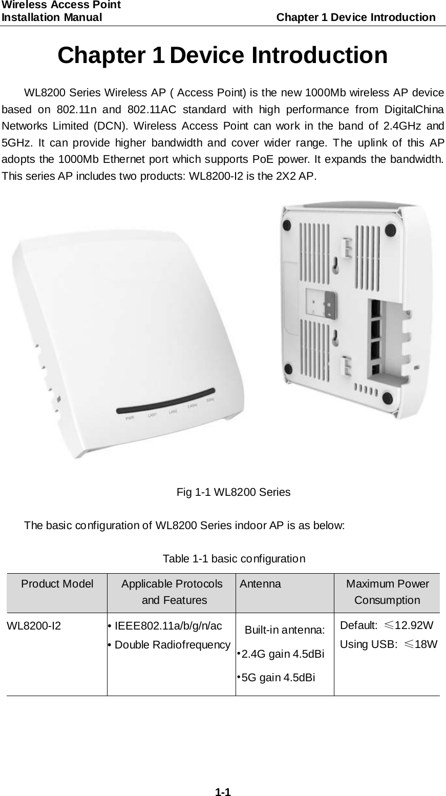 Wireless Access Point   Installation Manual                               Chapter 1 Device Introduction  1-1 Chapter 1 Device Introduction WL8200 Series Wireless AP ( Access Point) is the new 1000Mb wireless AP device based on 802.11n and 802.11AC standard with high performance from DigitalChina Networks Limited (DCN). Wireless Access Point  can work in the band of 2.4GHz and 5GHz.  It can provide higher bandwidth and cover wider range. The uplink of this AP adopts the 1000Mb Ethernet port which supports PoE power. It expands the bandwidth. This series AP includes two products: WL8200-I2 is the 2X2 AP. Fig 1-1 WL8200 Series  The basic co nfiguration of WL8200 Series indoor AP is as below:  Table 1-1 basic configuration  Product Model Applicable Protocols  and Features Antenna Maximum Power Consumption WL8200-I2 &bull; IEEE802.11a/b/g/n/ac &bull; Double Radiofrequency Built-in antenna: &bull;2.4G gain 4.5dBi &bull;5G gain 4.5dBi Default:  &le;12.92W Using USB:  &le;18W 