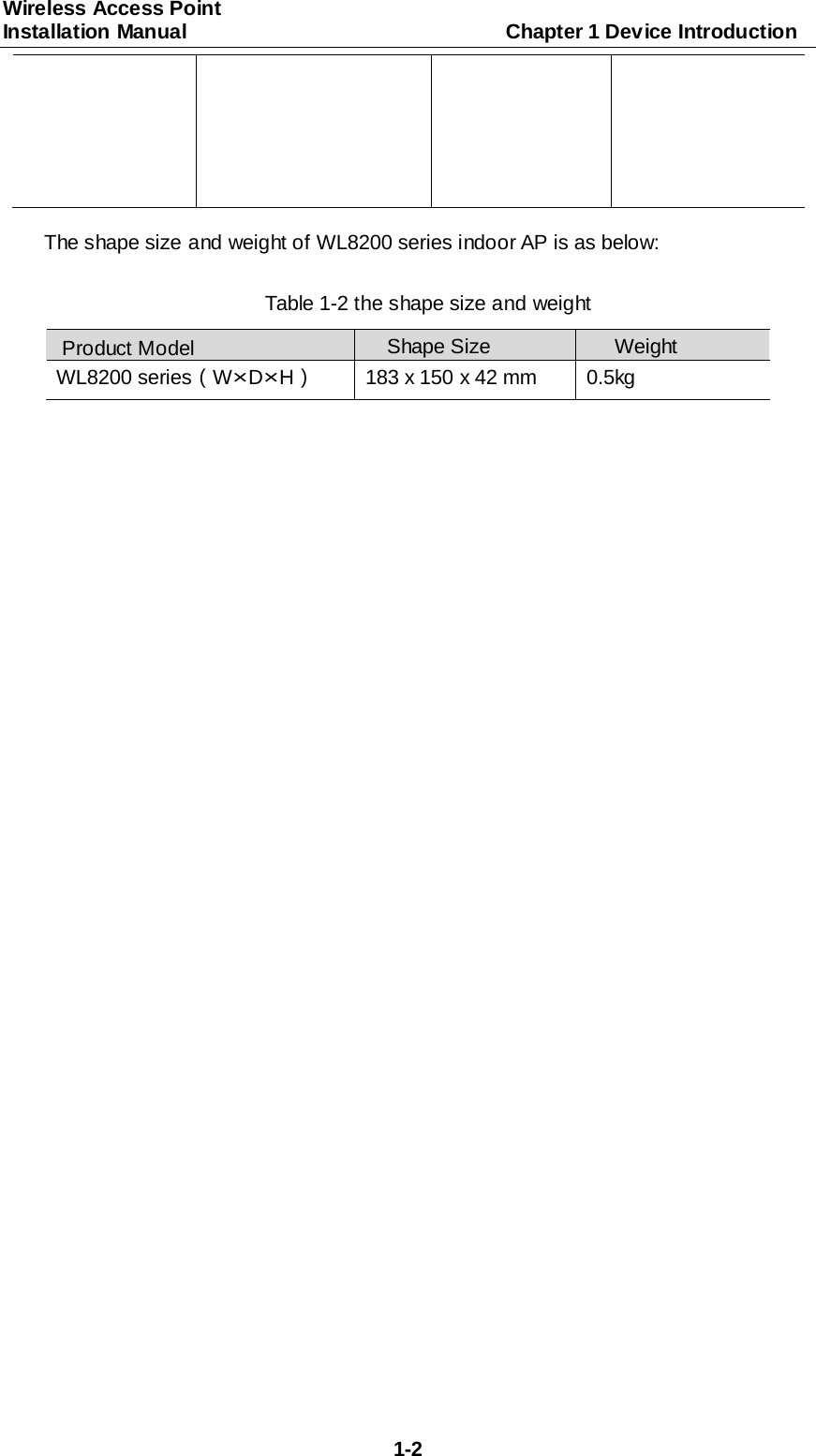 Wireless Access Point   Installation Manual                               Chapter 1 Device Introduction  1-2   The shape size and weight of WL8200 series indoor AP is as below:  Table 1-2 the shape size and weight  Product Model Shape Size Weight WL8200 series（W&times;D&times;H） 183 x 150 x 42 mm 0.5kg  