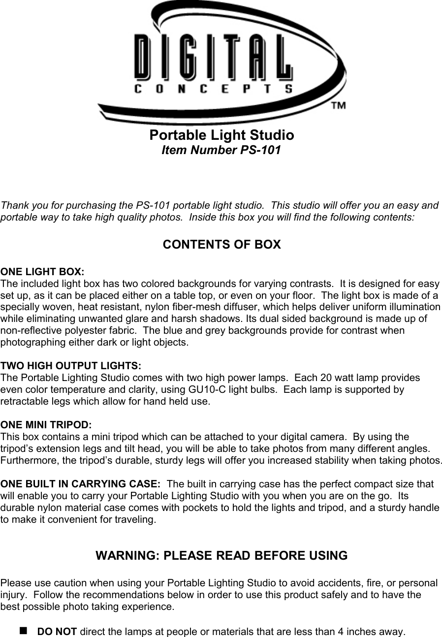 Page 1 of 4 - Digital-Concepts Digital-Concepts-Portable-Light-Studio-Ps-101-Users-Manual-  Digital-concepts-portable-light-studio-ps-101-users-manual