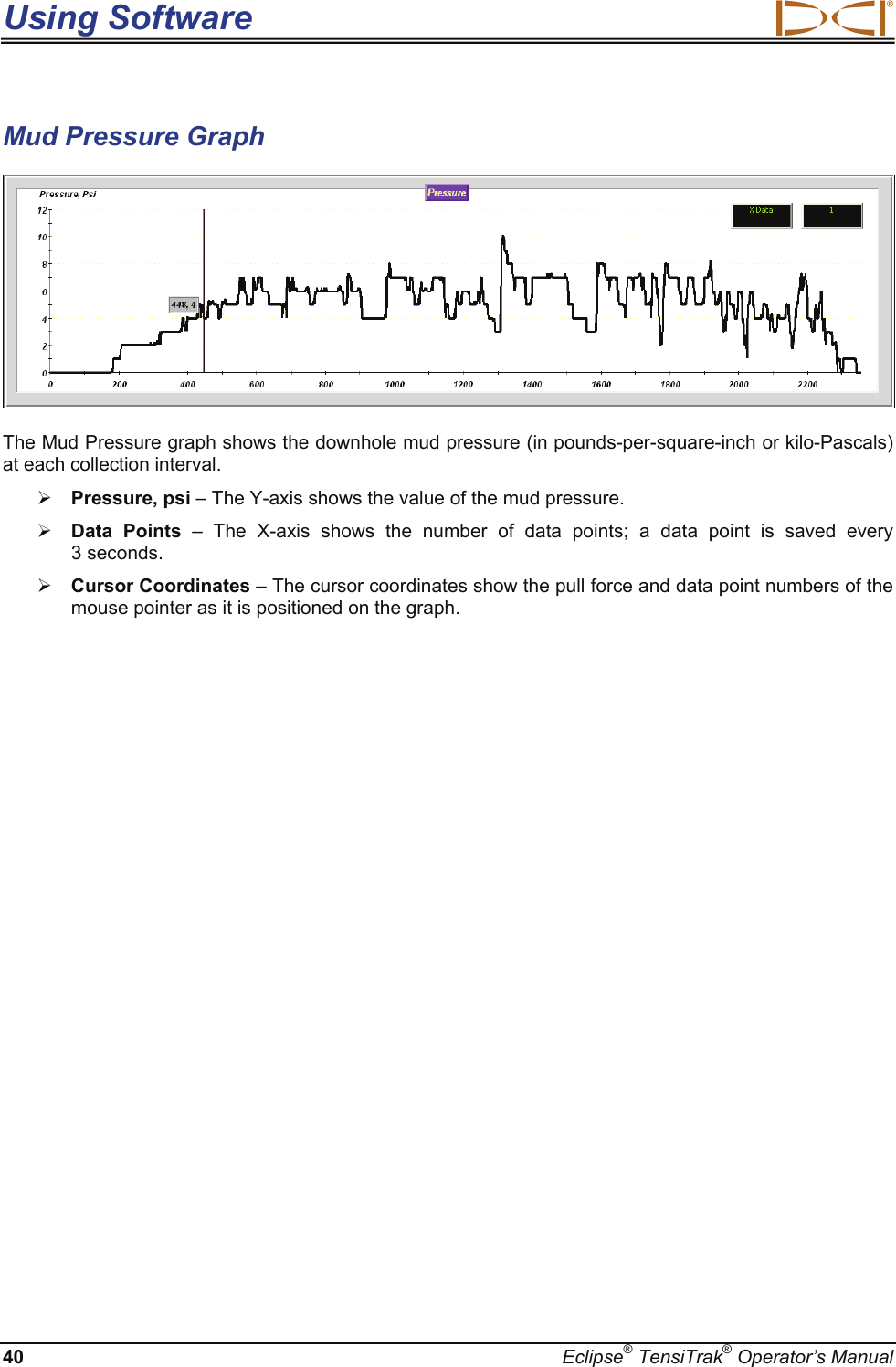 Using Software  40  Eclipse® TensiTrak® Operator’s Manual Mud Pressure Graph   The Mud Pressure graph shows the downhole mud pressure (in pounds-per-square-inch or kilo-Pascals) at each collection interval.  ¾ Pressure, psi – The Y-axis shows the value of the mud pressure. ¾ Data Points – The X-axis shows the number of data points; a data point is saved every 3 seconds. ¾ Cursor Coordinates – The cursor coordinates show the pull force and data point numbers of the mouse pointer as it is positioned on the graph. 