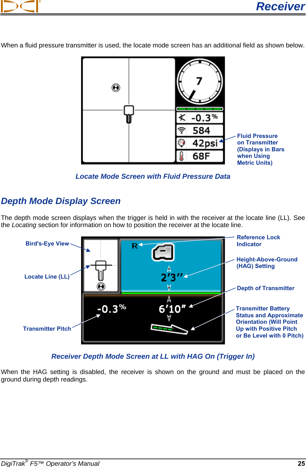  Receiver DigiTrak® F5™ Operator’s Manual 25 When a fluid pressure transmitter is used, the locate mode screen has an additional field as shown below.  Locate Mode Screen with Fluid Pressure Data  Depth Mode Display Screen The depth mode screen displays when the trigger is held in with the receiver at the locate line (LL). See the Locating section for information on how to position the receiver at the locate line.   Receiver Depth Mode Screen at LL with HAG On (Trigger In) When the HAG setting is disabled, the receiver is shown on the ground and must be placed on the ground during depth readings.  Height-Above-Ground (HAG) Setting  Locate Line (LL) Depth of TransmitterTransmitter Pitch  Bird&apos;s-Eye View Transmitter Battery Status and Approximate Orientation (Will Point Up with Positive Pitch or Be Level with 0 Pitch)  Reference Lock Indicator  Fluid Pressure on Transmitter (Displays in Bars when Using Metric Units) 
