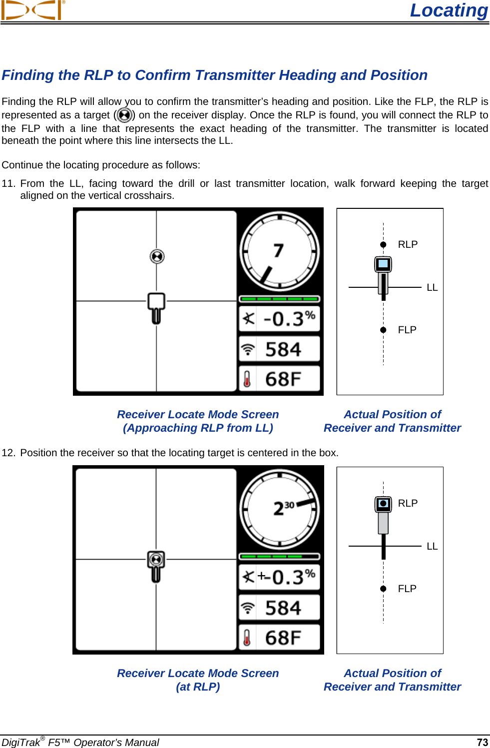  Locating DigiTrak® F5™ Operator’s Manual 73 Finding the RLP to Confirm Transmitter Heading and Position Finding the RLP will allow you to confirm the transmitter’s heading and position. Like the FLP, the RLP is represented as a target ( ) on the receiver display. Once the RLP is found, you will connect the RLP to the FLP with a line that represents the exact heading of the transmitter. The transmitter is located beneath the point where this line intersects the LL. Continue the locating procedure as follows: 11. From the LL, facing toward the drill or last transmitter location, walk forward keeping the target aligned on the vertical crosshairs.    RLPFLPLL Receiver Locate Mode Screen  (Approaching RLP from LL)  Actual Position of Receiver and Transmitter 12. Position the receiver so that the locating target is centered in the box.     RLPFLPLL Receiver Locate Mode Screen  (at RLP)  Actual Position of Receiver and Transmitter +