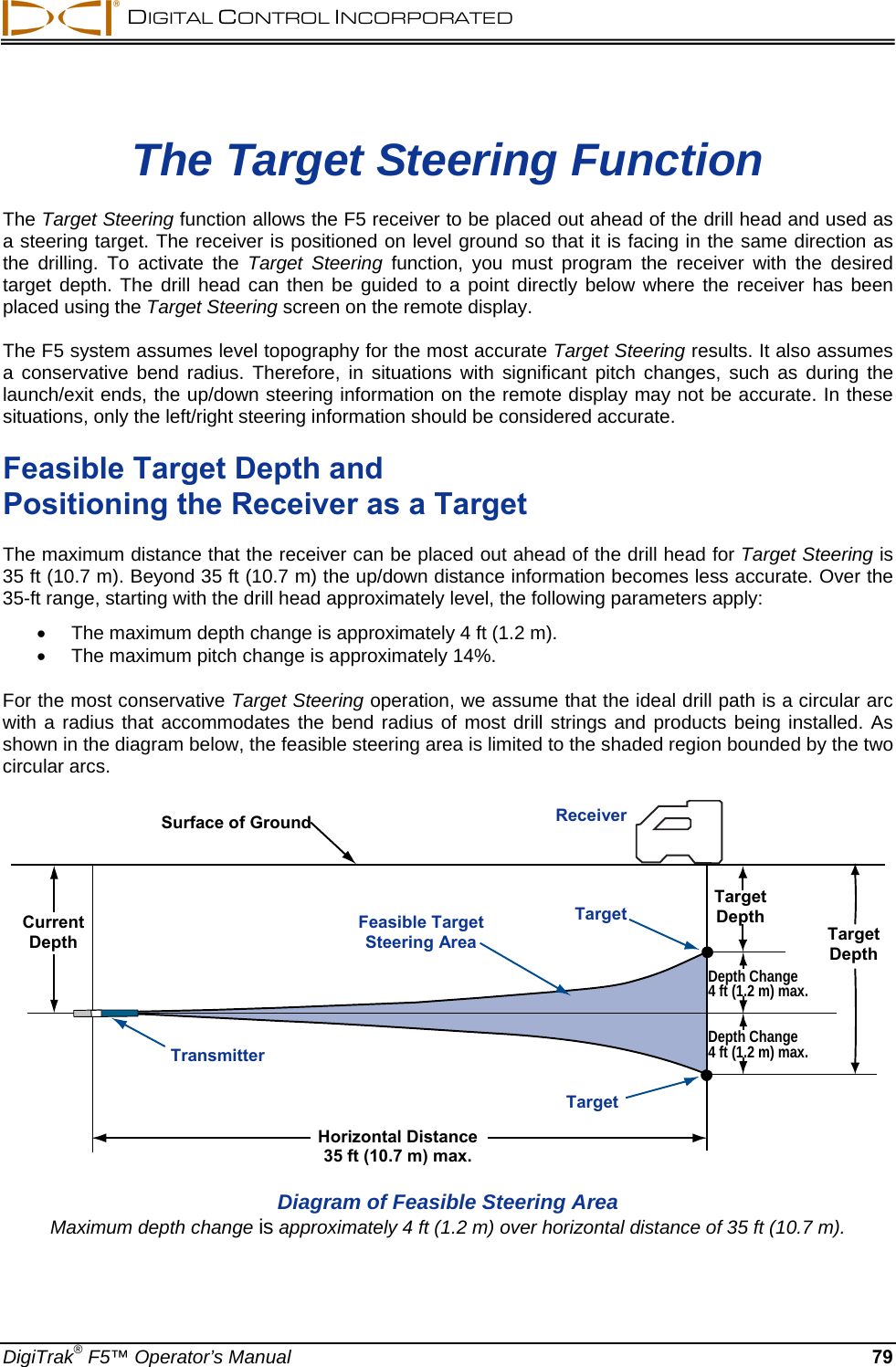  DIGITAL CONTROL INCORPORATED  DigiTrak® F5™ Operator’s Manual 79 The Target Steering Function The Target Steering function allows the F5 receiver to be placed out ahead of the drill head and used as a steering target. The receiver is positioned on level ground so that it is facing in the same direction as the drilling. To activate the Target Steering function, you must program the receiver with the desired target depth. The drill head can then be guided to a point directly below where the receiver has been placed using the Target Steering screen on the remote display. The F5 system assumes level topography for the most accurate Target Steering results. It also assumes a conservative bend radius. Therefore, in situations with significant pitch changes, such as during the launch/exit ends, the up/down steering information on the remote display may not be accurate. In these situations, only the left/right steering information should be considered accurate.  Feasible Target Depth and  Positioning the Receiver as a Target The maximum distance that the receiver can be placed out ahead of the drill head for Target Steering is 35 ft (10.7 m). Beyond 35 ft (10.7 m) the up/down distance information becomes less accurate. Over the 35-ft range, starting with the drill head approximately level, the following parameters apply:   The maximum depth change is approximately 4 ft (1.2 m).    The maximum pitch change is approximately 14%. For the most conservative Target Steering operation, we assume that the ideal drill path is a circular arc with a radius that accommodates the bend radius of most drill strings and products being installed. As shown in the diagram below, the feasible steering area is limited to the shaded region bounded by the two circular arcs.  Diagram of Feasible Steering Area Maximum depth change is approximately 4 ft (1.2 m) over horizontal distance of 35 ft (10.7 m). Surface of Ground  ReceiverTargetTargetFeasible Target Steering Area Transmitter Current Depth Horizontal Distance 35 ft (10.7 m) max. Depth Change  4 ft (1.2 m) max. Target Depth Target Depth Depth Change  4 ft (1.2 m) max. 