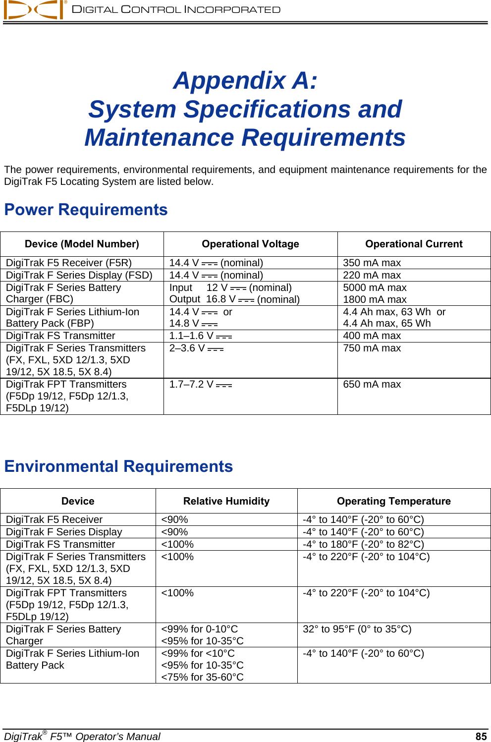 DIGITAL CONTROL INCORPORATED  DigiTrak® F5™ Operator’s Manual 85 Appendix A: System Specifications and Maintenance Requirements  The power requirements, environmental requirements, and equipment maintenance requirements for the DigiTrak F5 Locating System are listed below. Power Requirements Device (Model Number)  Operational Voltage  Operational Current DigiTrak F5 Receiver (F5R)  14.4 V  (nominal)  350 mA max DigiTrak F Series Display (FSD)  14.4 V  (nominal)  220 mA max DigiTrak F Series Battery Charger (FBC)  Input     12 V  (nominal) Output  16.8 V  (nominal)  5000 mA max 1800 mA max  DigiTrak F Series Lithium-Ion Battery Pack (FBP)  14.4 V   or  14.8 V  4.4 Ah max, 63 Wh  or  4.4 Ah max, 65 Wh  DigiTrak FS Transmitter  1.1–1.6 V   400 mA max DigiTrak F Series Transmitters (FX, FXL, 5XD 12/1.3, 5XD 19/12, 5X 18.5, 5X 8.4)  2–3.6 V   750 mA max DigiTrak FPT Transmitters (F5Dp 19/12, F5Dp 12/1.3, F5DLp 19/12) 1.7–7.2 V   650 mA max   Environmental Requirements Device  Relative Humidity  Operating Temperature DigiTrak F5 Receiver  &lt;90%  -4° to 140°F (-20° to 60°C) DigiTrak F Series Display  &lt;90%  -4° to 140°F (-20° to 60°C) DigiTrak FS Transmitter  &lt;100%  -4° to 180°F (-20° to 82°C) DigiTrak F Series Transmitters (FX, FXL, 5XD 12/1.3, 5XD 19/12, 5X 18.5, 5X 8.4) &lt;100%  -4° to 220°F (-20° to 104°C) DigiTrak FPT Transmitters (F5Dp 19/12, F5Dp 12/1.3, F5DLp 19/12) &lt;100%  -4° to 220°F (-20° to 104°C) DigiTrak F Series Battery Charger  &lt;99% for 0-10°C &lt;95% for 10-35°C  32° to 95°F (0° to 35°C) DigiTrak F Series Lithium-Ion Battery Pack  &lt;99% for &lt;10°C &lt;95% for 10-35°C &lt;75% for 35-60°C -4° to 140°F (-20° to 60°C)  