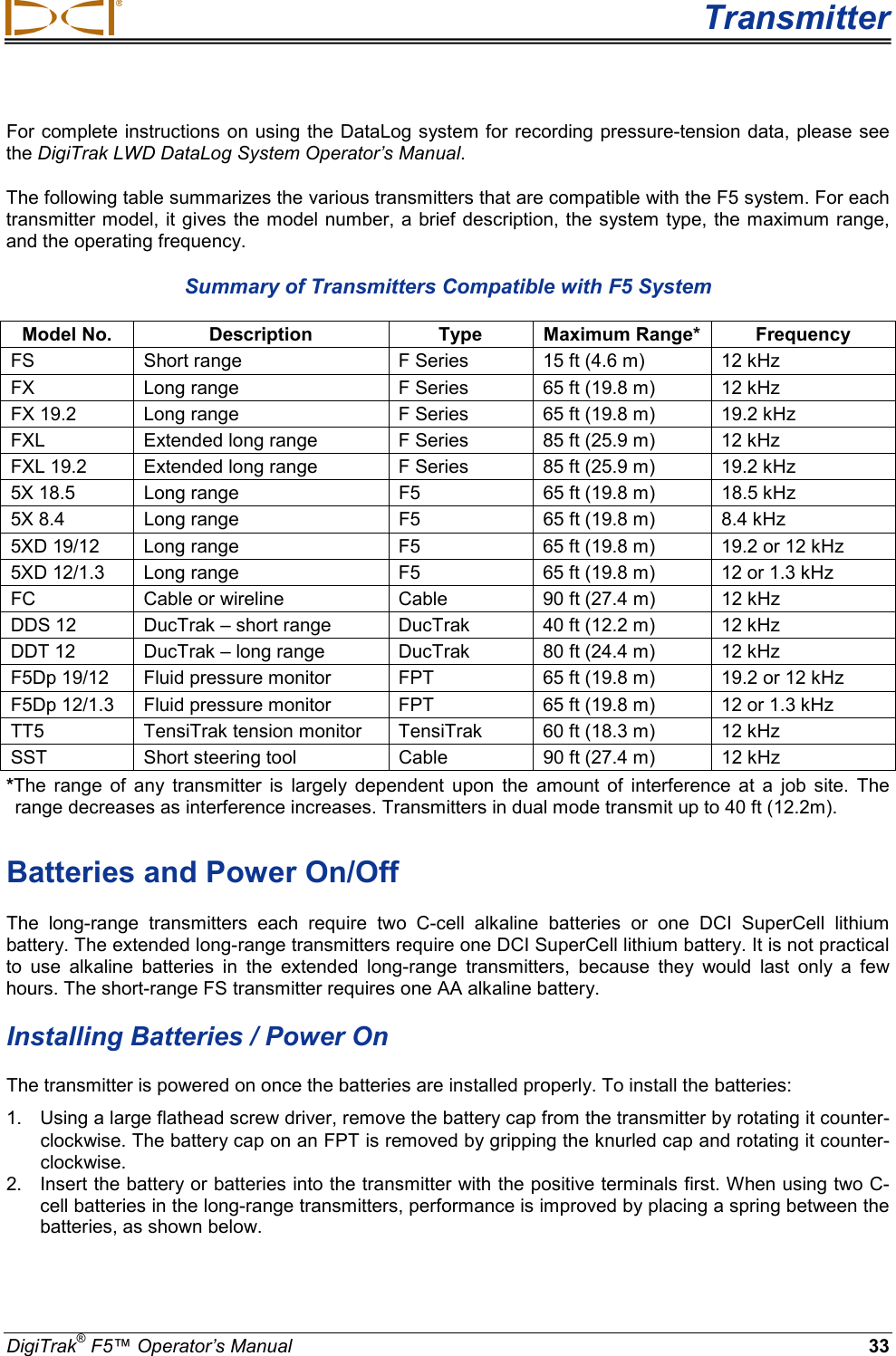  Transmitter DigiTrak® F5™ Operator’s Manual 33 For complete instructions on using the  DataLog system for recording pressure-tension data, please see the DigiTrak LWD DataLog System Operator’s Manual. The following table summarizes the various transmitters that are compatible with the F5 system. For each transmitter model, it gives the model number, a brief description, the system type, the maximum range, and the operating frequency.  Summary of Transmitters Compatible with F5 System Model No. Description Type Maximum Range* Frequency FS Short range F Series 15 ft (4.6 m) 12 kHz FX Long range F Series 65 ft (19.8 m) 12 kHz FX 19.2 Long range F Series 65 ft (19.8 m) 19.2 kHz FXL Extended long range F Series 85 ft (25.9 m) 12 kHz FXL 19.2 Extended long range F Series 85 ft (25.9 m) 19.2 kHz 5X 18.5 Long range F5 65 ft (19.8 m) 18.5 kHz 5X 8.4 Long range F5 65 ft (19.8 m) 8.4 kHz 5XD 19/12 Long range F5 65 ft (19.8 m) 19.2 or 12 kHz 5XD 12/1.3 Long range F5 65 ft (19.8 m)   12 or 1.3 kHz FC  Cable or wireline Cable 90 ft (27.4 m) 12 kHz DDS 12 DucTrak – short range DucTrak 40 ft (12.2 m) 12 kHz DDT 12   DucTrak – long range DucTrak 80 ft (24.4 m) 12 kHz F5Dp 19/12 Fluid pressure monitor FPT 65 ft (19.8 m) 19.2 or 12 kHz F5Dp 12/1.3 Fluid pressure monitor FPT 65 ft (19.8 m) 12 or 1.3 kHz TT5 TensiTrak tension monitor  TensiTrak 60 ft (18.3 m) 12 kHz SST  Short steering tool Cable 90 ft (27.4 m) 12 kHz *The range of any transmitter is largely dependent upon the amount of interference at a job site. The range decreases as interference increases. Transmitters in dual mode transmit up to 40 ft (12.2m).  Batteries and Power On/Off The long-range transmitters each require two C-cell alkaline batteries or one DCI SuperCell lithium battery. The extended long-range transmitters require one DCI SuperCell lithium battery. It is not practical to use alkaline batteries in the extended long-range transmitters, because they would last only a few hours. The short-range FS transmitter requires one AA alkaline battery. Installing Batteries / Power On The transmitter is powered on once the batteries are installed properly. To install the batteries: 1. Using a large flathead screw driver, remove the battery cap from the transmitter by rotating it counter-clockwise. The battery cap on an FPT is removed by gripping the knurled cap and rotating it counter-clockwise.  2. Insert the battery or batteries into the transmitter with the positive terminals first. When using two C-cell batteries in the long-range transmitters, performance is improved by placing a spring between the batteries, as shown below. 