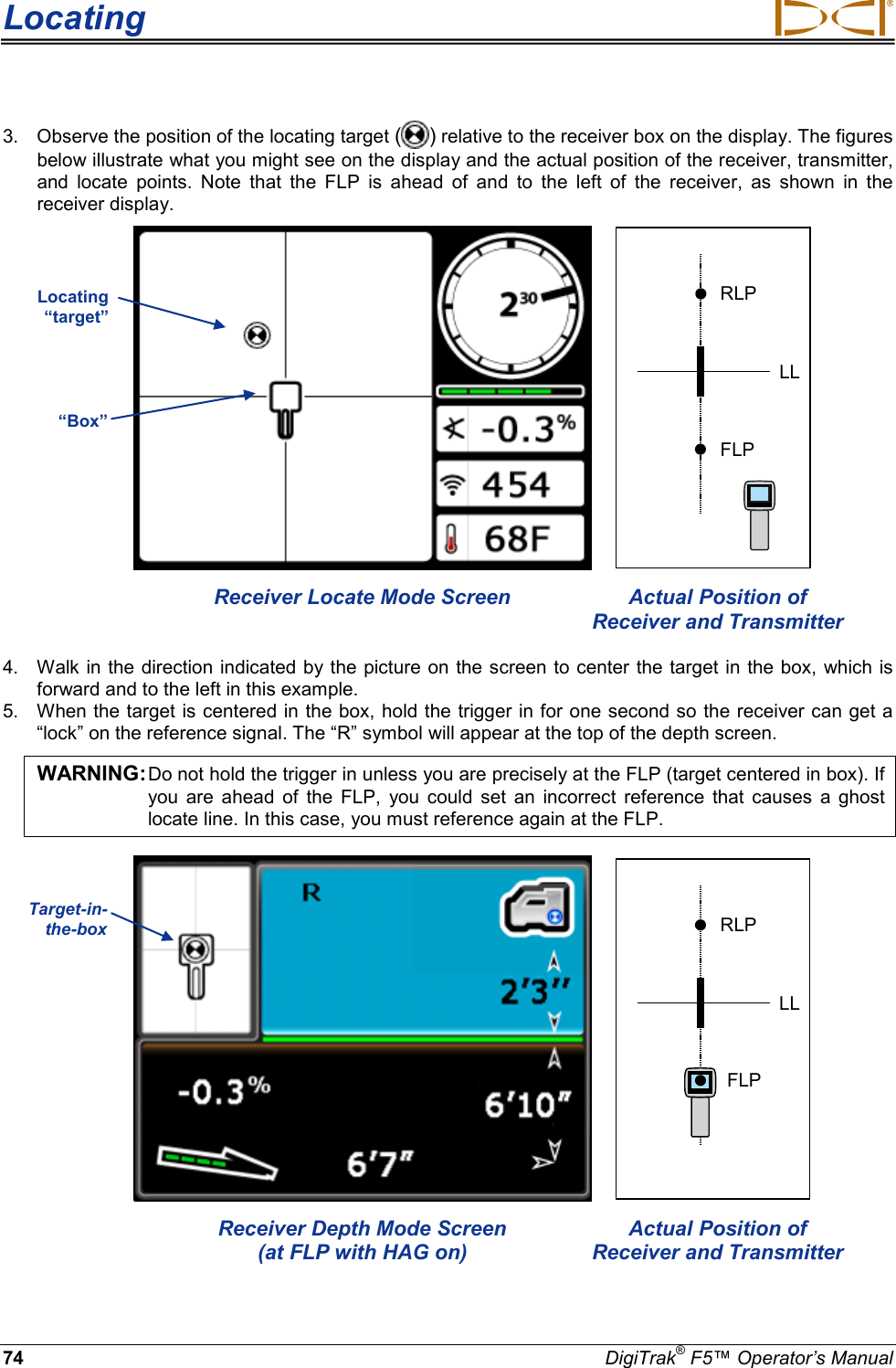 Locating     74 DigiTrak® F5™ Operator’s Manual 3. Observe the position of the locating target ( ) relative to the receiver box on the display. The figures below illustrate what you might see on the display and the actual position of the receiver, transmitter, and locate points. Note that the FLP is ahead of and to the left of the receiver, as shown in the receiver display.   RLPFLPLL Receiver Locate Mode Screen Actual Position of Receiver and Transmitter 4. Walk in the direction indicated by the picture on the screen to center the target in the box,  which is forward and to the left in this example. 5. When the target is centered in the box, hold the trigger in for one second so the receiver can get a “lock” on the reference signal. The “R” symbol will appear at the top of the depth screen.  WARNING: Do not hold the trigger in unless you are precisely at the FLP (target centered in box). If you are ahead of the FLP, you could set an incorrect reference that causes a ghost locate line. In this case, you must reference again at the FLP.    RLPFLPLL Receiver Depth Mode Screen  (at FLP with HAG on) Actual Position of Receiver and Transmitter Locating “target” “Box” Target-in-the-box  