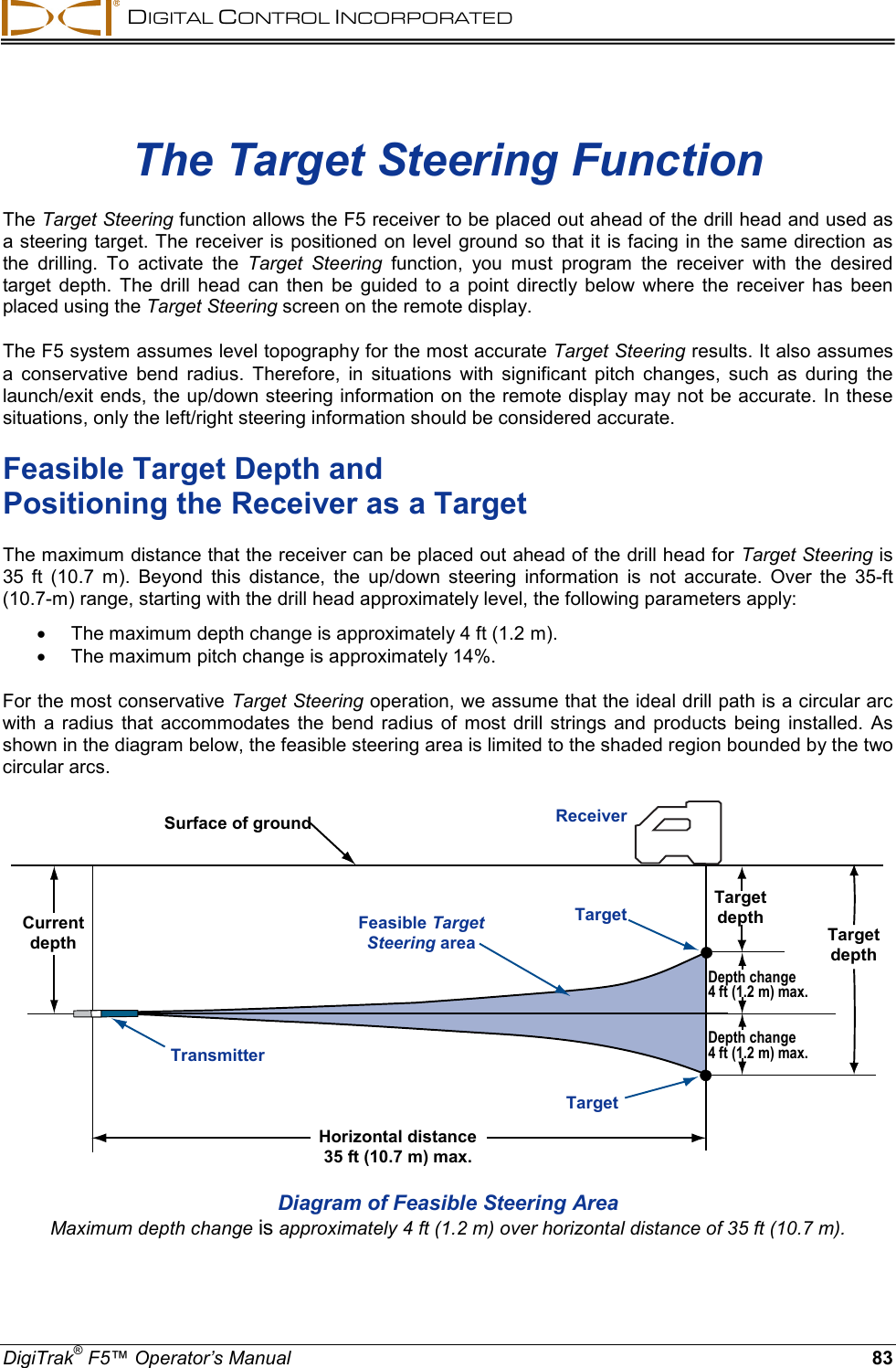  DIGITAL CONTROL INCORPORATED  DigiTrak® F5™ Operator’s Manual 83 The Target Steering Function The Target Steering function allows the F5 receiver to be placed out ahead of the drill head and used as a steering target. The receiver is positioned on level ground so that it is facing in the same direction as the drilling. To activate the Target Steering function, you must program the receiver with the desired target depth. The drill head can then be guided to a point directly below where the receiver has been placed using the Target Steering screen on the remote display. The F5 system assumes level topography for the most accurate Target Steering results. It also assumes a conservative bend radius. Therefore, in situations  with  significant pitch changes,  such as during the launch/exit ends, the up/down steering information on the remote display may not be accurate. In these situations, only the left/right steering information should be considered accurate.  Feasible Target Depth and  Positioning the Receiver as a Target The maximum distance that the receiver can be placed out ahead of the drill head for Target Steering is 35 ft (10.7 m). Beyond  this distance, the up/down steering  information  is not accurate.  Over  the  35-ft (10.7-m) range, starting with the drill head approximately level, the following parameters apply: • The maximum depth change is approximately 4 ft (1.2 m).  • The maximum pitch change is approximately 14%. For the most conservative Target Steering operation, we assume that the ideal drill path is a circular arc with a radius that accommodates the bend radius of most drill strings and products being installed. As shown in the diagram below, the feasible steering area is limited to the shaded region bounded by the two circular arcs.  Diagram of Feasible Steering Area Maximum depth change is approximately 4 ft (1.2 m) over horizontal distance of 35 ft (10.7 m). Surface of ground Receiver Target Target Feasible Target Steering area Transmitter Current depth Horizontal distance  35 ft (10.7 m) max. Depth change  4 ft (1.2 m) max. Target depth Target depth Depth change  4 ft (1.2 m) max.  