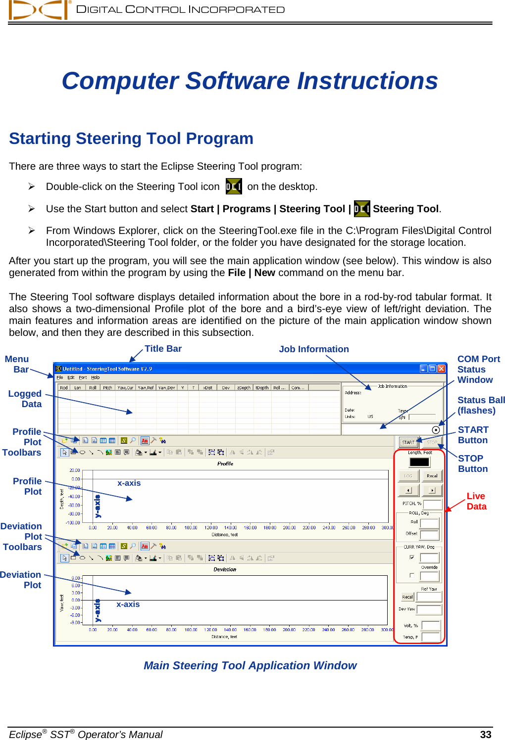  DIGITAL CONTROL INCORPORATED  Computer Software Instructions  Starting Steering Tool Program There are three ways to start the Eclipse Steering Tool program:  ¾  Double-click on the Steering Tool icon     on the desktop. ¾  Use the Start button and select Start | Programs | Steering Tool |   Steering Tool. ¾  From Windows Explorer, click on the SteeringTool.exe file in the C:\Program Files\Digital Control Incorporated\Steering Tool folder, or the folder you have designated for the storage location.  After you start up the program, you will see the main application window (see below). This window is also generated from within the program by using the File | New command on the menu bar.  The Steering Tool software displays detailed information about the bore in a rod-by-rod tabular format. It also shows a two-dimensional Profile plot of the bore and a bird’s-eye view of left/right deviation. The main features and information areas are identified on the picture of the main application window shown below, and then they are described in this subsection.  Title Bar Job Information  Main Steering Tool Application Window Menu  Bar Logged  Data   COM Port Status Window Deviation  Plot Profile  Plot  x-axis Status Ball (flashes) STARTButton Live Data   STOP Button Profile Plot Toolbars Deviation Plot Toolbars  x-axis Eclipse® SST® Operator’s Manual  33 