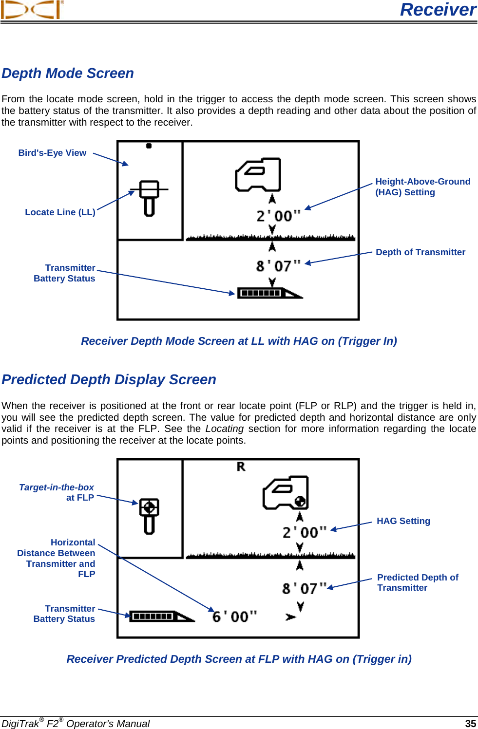  Receiver DigiTrak® F2® Operator’s Manual 35 Depth Mode Screen From the locate mode screen, hold in the trigger to access the depth mode screen. This screen shows the battery status of the transmitter. It also provides a depth reading and other data about the position of the transmitter with respect to the receiver.   Receiver Depth Mode Screen at LL with HAG on (Trigger In)  Predicted Depth Display Screen When the receiver is positioned at the front or rear locate point (FLP or RLP) and the trigger is held in, you will see the predicted depth screen. The value for predicted depth and horizontal distance are only valid if the receiver is at the FLP. See the Locating section for more information regarding the locate points and positioning the receiver at the locate points.  Receiver Predicted Depth Screen at FLP with HAG on (Trigger in) Height-Above-Ground (HAG) Setting  Locate Line (LL) Depth of Transmitter  Transmitter  Battery Status  Target-in-the-box at FLP Predicted Depth of Transmitter  HAG Setting Transmitter Battery Status  Horizontal Distance Between Transmitter and FLP  Bird&apos;s-Eye View 