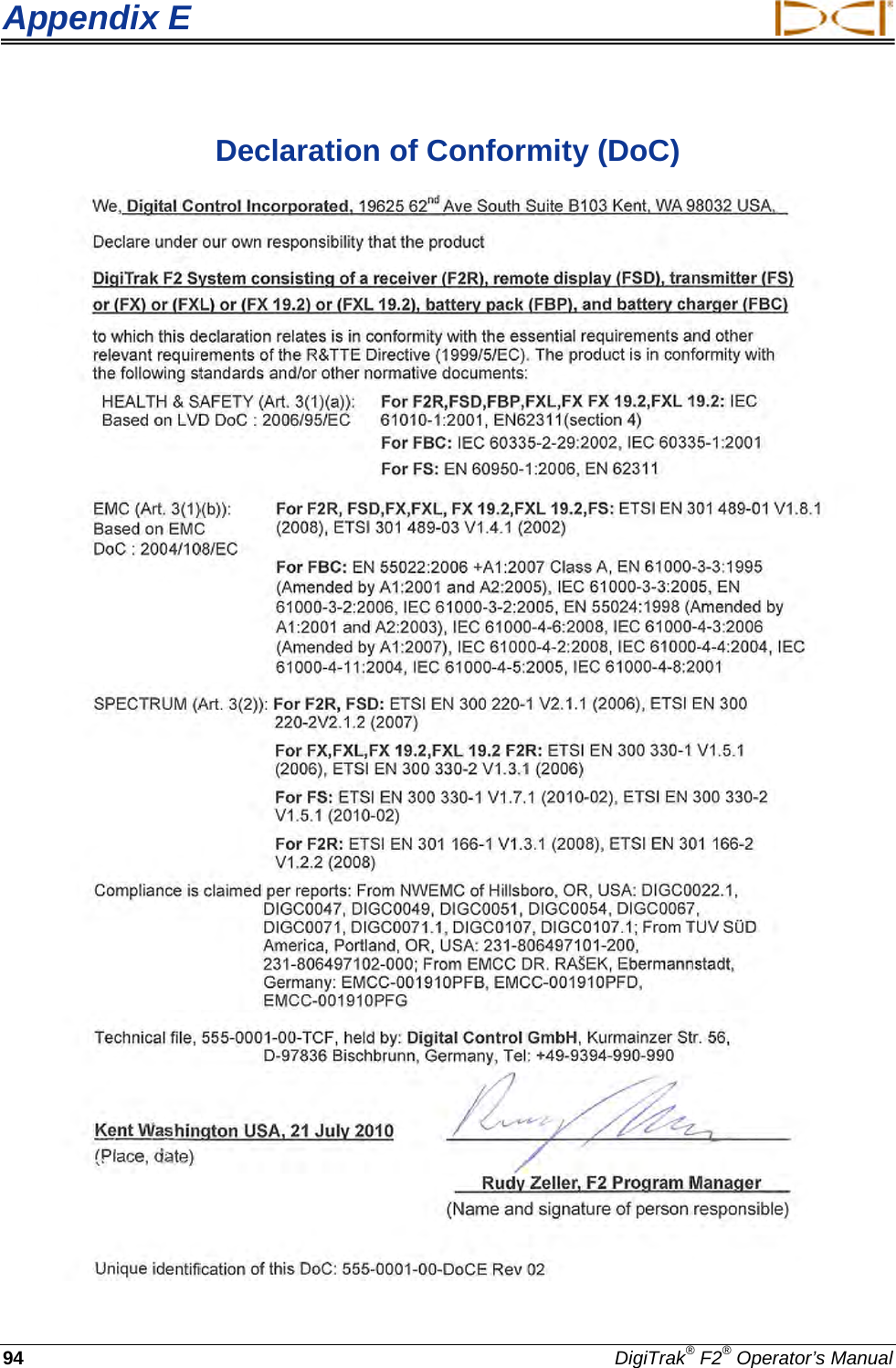 Appendix E  94 DigiTrak® F2® Operator’s Manual Declaration of Conformity (DoC)  