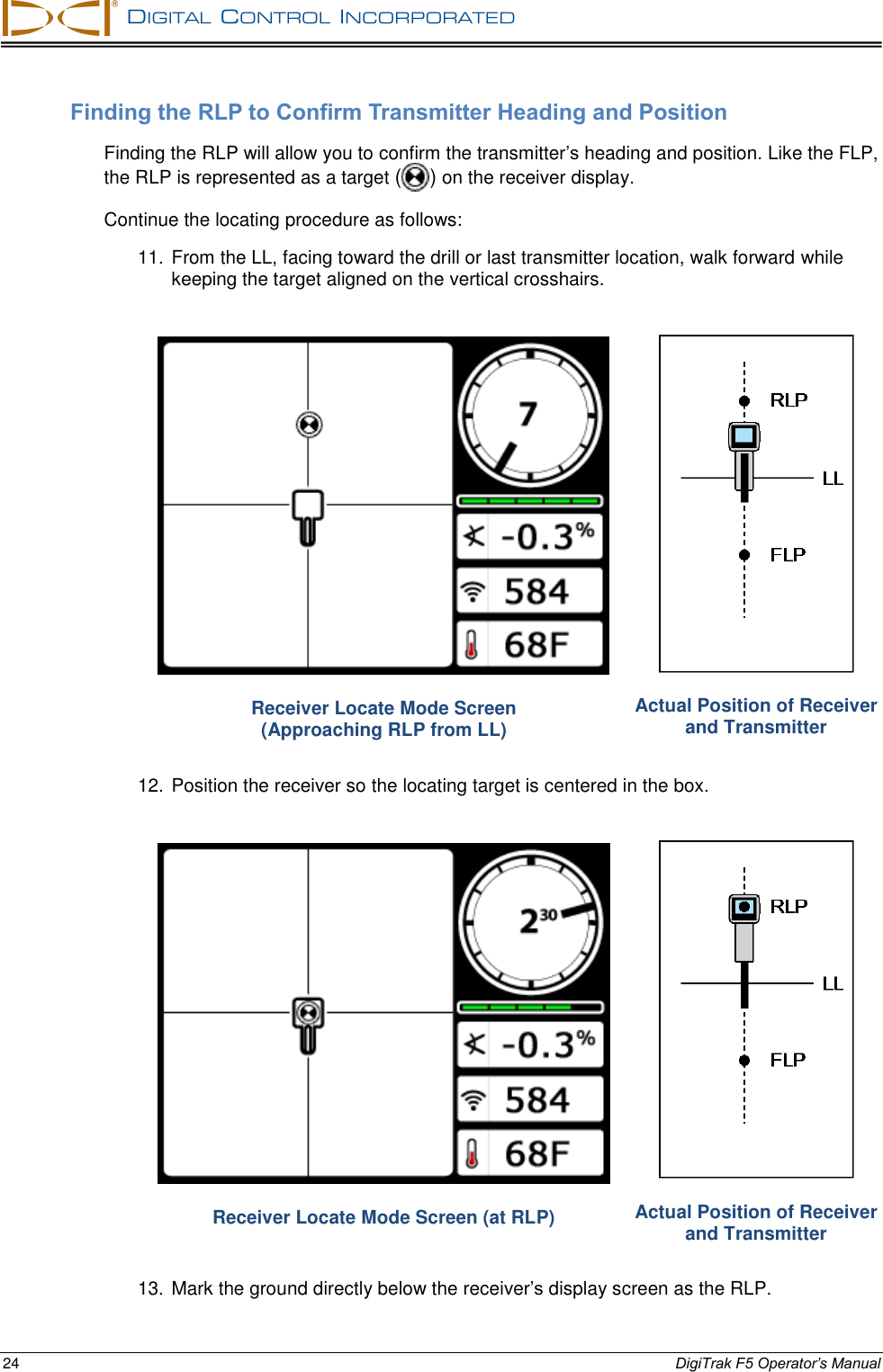   DIGITAL  CONTROL  INCORPORATED  24 DigiTrak F5 Operator’s Manual Finding the RLP to Confirm Transmitter Heading and Position Finding the RLP will allow you to confirm the transmitter’s heading and position. Like the FLP, the RLP is represented as a target ( ) on the receiver display.  Continue the locating procedure as follows: 11. From the LL, facing toward the drill or last transmitter location, walk forward while keeping the target aligned on the vertical crosshairs.  Receiver Locate Mode Screen  (Approaching RLP from LL)  Actual Position of Receiver and Transmitter 12. Position the receiver so the locating target is centered in the box.  Receiver Locate Mode Screen (at RLP)  Actual Position of Receiver and Transmitter 13. Mark the ground directly below the receiver’s display screen as the RLP. 