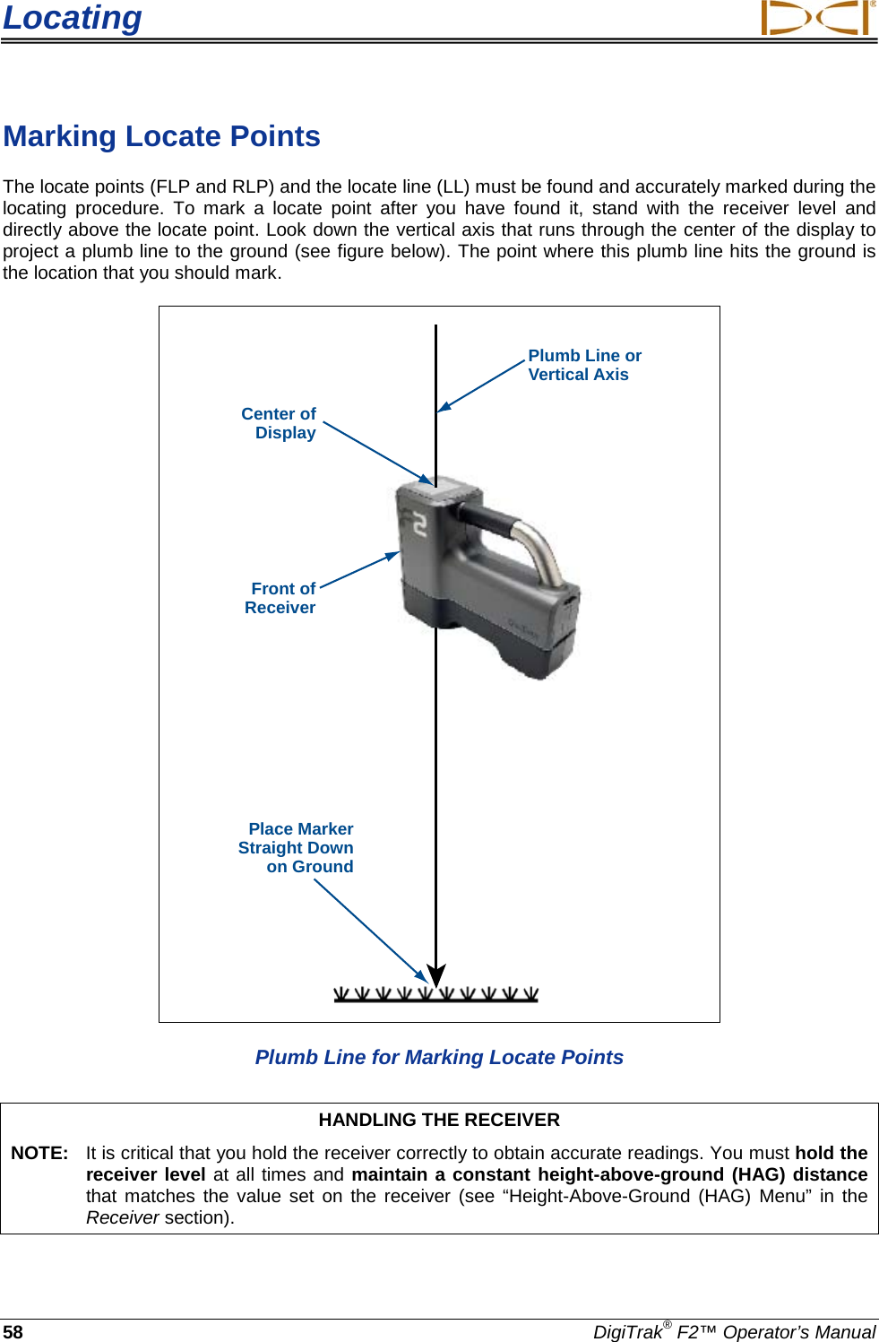 Locating     58 DigiTrak® F2™ Operator’s Manual Marking Locate Points The locate points (FLP and RLP) and the locate line (LL) must be found and accurately marked during the locating procedure.  To mark a locate point after you have found it, stand with the receiver level and directly above the locate point. Look down the vertical axis that runs through the center of the display to project a plumb line to the ground (see figure below). The point where this plumb line hits the ground is the location that you should mark.  Center ofDisplayFront ofReceiverPlace MarkerStraight Downon GroundPlumb Line orVertical Axis Plumb Line for Marking Locate Points HANDLING THE RECEIVER NOTE: It is critical that you hold the receiver correctly to obtain accurate readings. You must hold the receiver level at all times and maintain a constant height-above-ground (HAG) distance that matches the value set on the receiver (see “Height-Above-Ground (HAG) Menu” in the Receiver section). 