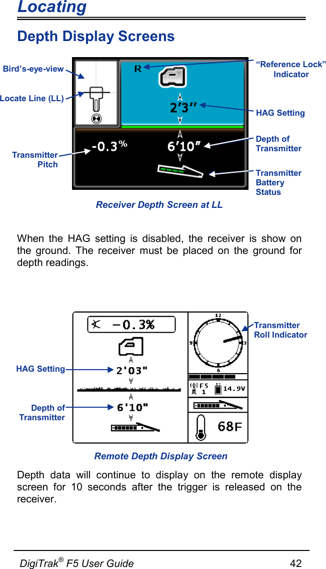 Locating                      DigiTrak® F5 User Guide                                                      42  Depth Display Screens    When the HAG setting is disabled, the receiver is show on the ground. The receiver must be placed on the ground for depth readings.     Depth data will continue to display on the remote display screen for 10 seconds after the trigger is released on the receiver.  Receiver Depth Screen at LL Remote Depth Display Screen Transmitter Pitch Depth of Transmitter HAG Setting Transmitter Battery Status Bird’s-eye-view Locate Line (LL) “Reference Lock” Indicator Depth of Transmitter HAG Setting Transmitter Roll Indicator 