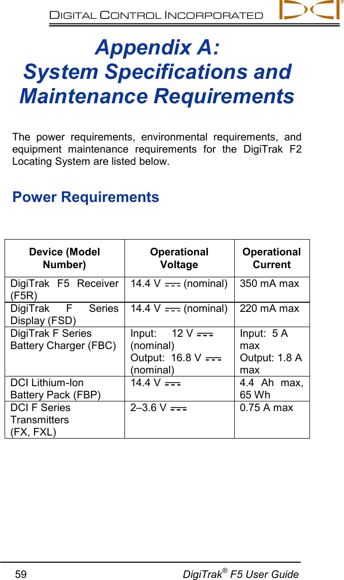 DIGITAL CONTROL INCORPORATED         59                                                     DigiTrak® F5 User Guide  Appendix A:  System Specifications and  Maintenance Requirements   The power requirements, environmental requirements, and equipment maintenance requirements for the DigiTrak F2 Locating System are listed below. Power Requirements  Device (Model Number) Operational Voltage Operational Current DigiTrak F5 Receiver (F5R) 14.4 V  (nominal) 350 mA max DigiTrak F Series Display (FSD) 14.4 V  (nominal) 220 mA max DigiTrak F Series Battery Charger (FBC) Input:     12 V  (nominal) Output:  16.8 V  (nominal) Input:  5 A max Output: 1.8 A max  DCI Lithium-Ion Battery Pack (FBP) 14.4 V  4.4  Ah  max, 65 Wh  DCI F Series Transmitters  (FX, FXL) 2–3.6 V  0.75 A max 