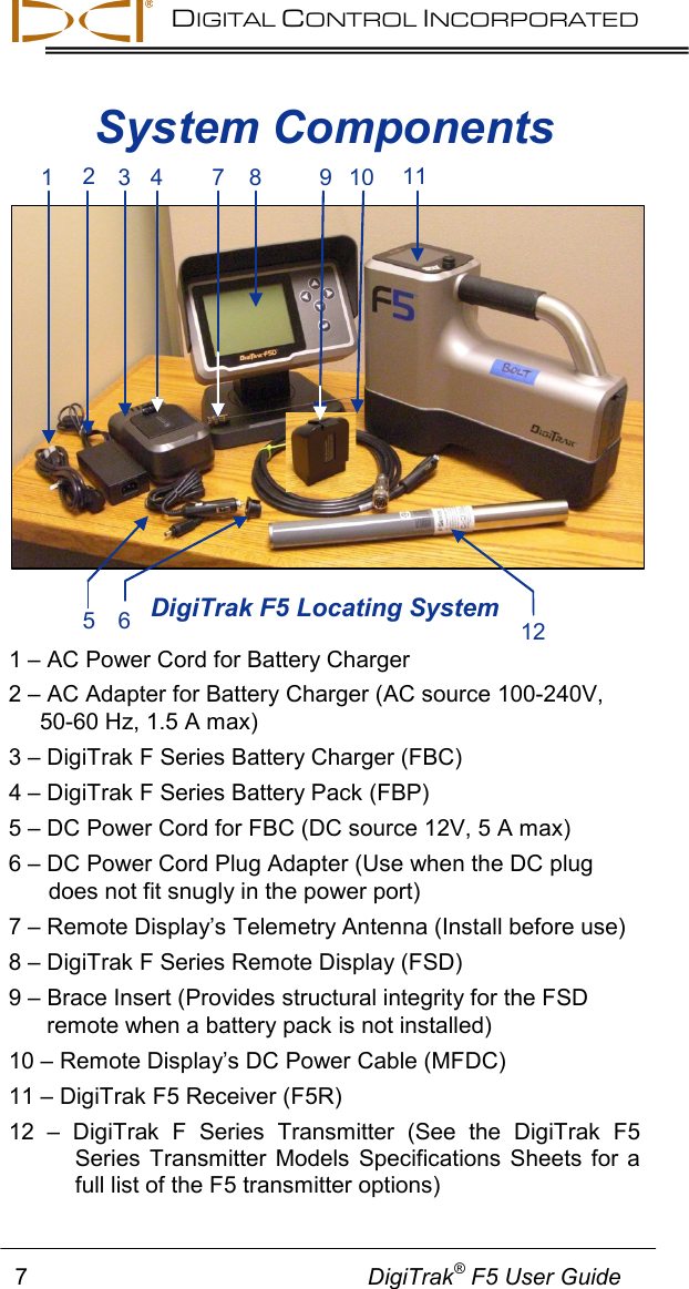   DIGITAL CONTROL INCORPORATED      7                                                     DigiTrak® F5 User Guide System Components   DigiTrak F5 Locating System 1 – AC Power Cord for Battery Charger  2 – AC Adapter for Battery Charger (AC source 100-240V, 50-60 Hz, 1.5 A max) 3 – DigiTrak F Series Battery Charger (FBC)  4 – DigiTrak F Series Battery Pack (FBP) 5 – DC Power Cord for FBC (DC source 12V, 5 A max) 6 – DC Power Cord Plug Adapter (Use when the DC plug does not fit snugly in the power port) 7 – Remote Display’s Telemetry Antenna (Install before use) 8 – DigiTrak F Series Remote Display (FSD) 9 – Brace Insert (Provides structural integrity for the FSD remote when a battery pack is not installed) 10 – Remote Display’s DC Power Cable (MFDC) 11 – DigiTrak F5 Receiver (F5R) 12  –  DigiTrak F Series Transmitter (See the DigiTrak F5 Series Transmitter Models Specifications Sheets for a full list of the F5 transmitter options) 5 6 8 9 10 11 2 3 1 4 7 12 