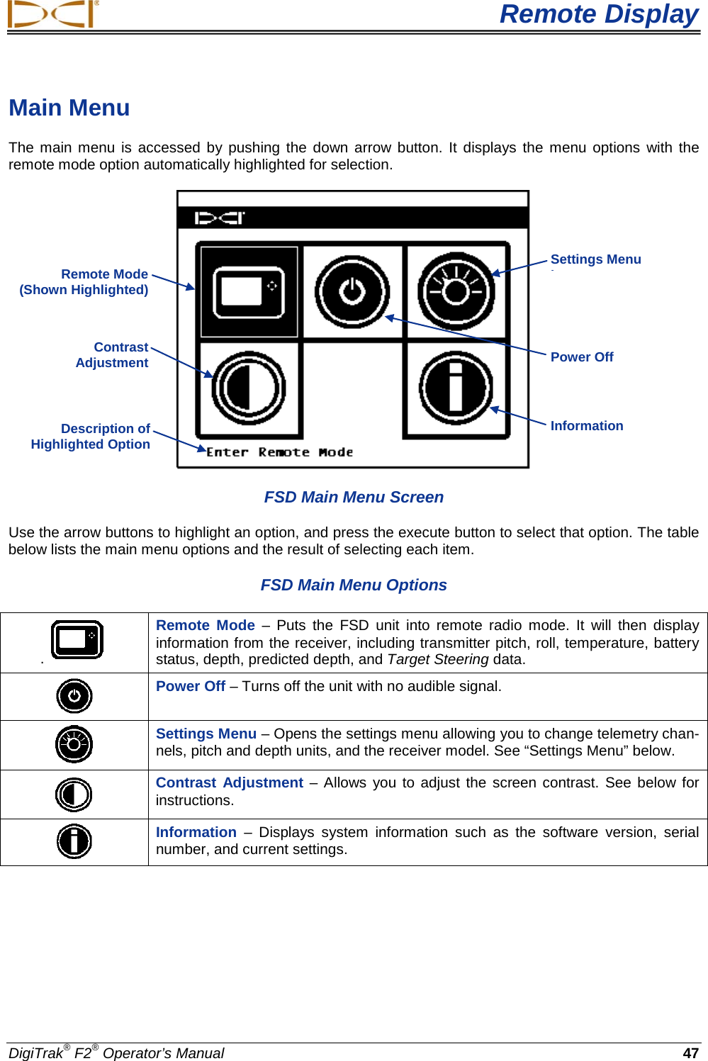  Remote Display DigiTrak® F2® Operator’s Manual 47 Main Menu  The main menu is accessed by pushing the down arrow button. It displays the menu options with the remote mode option automatically highlighted for selection.  FSD Main Menu Screen Use the arrow buttons to highlight an option, and press the execute button to select that option. The table below lists the main menu options and the result of selecting each item. FSD Main Menu Options .   Remote Mode –  Puts the FSD unit into remote radio mode. It will then display information from the receiver, including transmitter pitch, roll, temperature, battery status, depth, predicted depth, and Target Steering data.  Power Off – Turns off the unit with no audible signal.  Settings Menu – Opens the settings menu allowing you to change telemetry chan-nels, pitch and depth units, and the receiver model. See “Settings Menu” below.  Contrast Adjustment – Allows you to adjust the screen contrast. See below for instructions.  Information  –  Displays system information such as the software version, serial number, and current settings.  Remote Mode (Shown Highlighted) Contrast Adjustment Power Off  Information  Settings Menu I  Description of Highlighted Option  