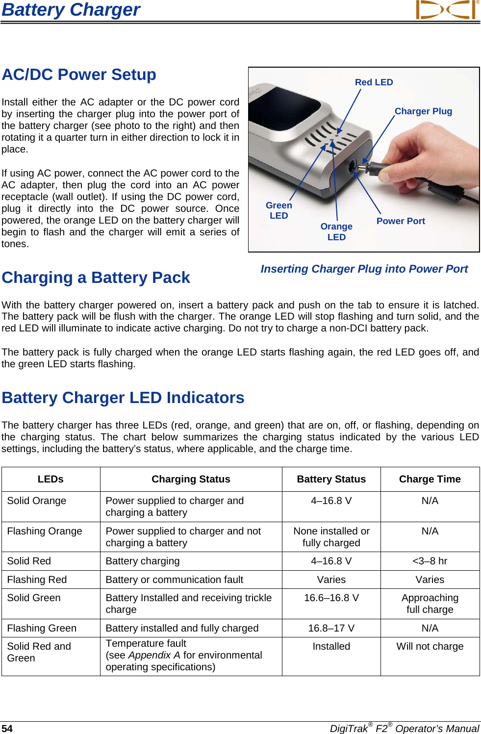 Battery Charger     54 DigiTrak® F2® Operator’s Manual AC/DC Power Setup Install either the AC adapter or the DC power cord by inserting the charger plug into the power port of the battery charger (see photo to the right) and then rotating it a quarter turn in either direction to lock it in place. If using AC power, connect the AC power cord to the AC adapter, then plug the cord into an AC  power receptacle (wall outlet). If using the DC power cord, plug  it  directly into the DC power source.  Once powered, the orange LED on the battery charger will begin to flash and the charger will emit a series of tones. Charging a Battery Pack With the battery charger powered on, insert a battery pack and push on the tab to ensure it is latched. The battery pack will be flush with the charger. The orange LED will stop flashing and turn solid, and the red LED will illuminate to indicate active charging. Do not try to charge a non-DCI battery pack. The battery pack is fully charged when the orange LED starts flashing again, the red LED goes off, and the green LED starts flashing.  Battery Charger LED Indicators The battery charger has three LEDs (red, orange, and green) that are on, off, or flashing, depending on the  charging status.  The chart below summarizes the charging status indicated by the various LED settings, including the battery’s status, where applicable, and the charge time. LEDs  Charging Status Battery Status Charge Time Solid Orange Power supplied to charger and charging a battery 4–16.8 V  N/A Flashing Orange Power supplied to charger and not charging a battery None installed or  fully charged N/A Solid Red Battery charging  4–16.8 V  &lt;3–8 hr Flashing Red Battery or communication fault Varies Varies Solid Green Battery Installed and receiving trickle charge 16.6–16.8 V  Approaching  full charge Flashing Green Battery installed and fully charged 16.8–17 V  N/A Solid Red and Green  Temperature fault  (see Appendix A for environmental operating specifications)  Installed Will not charge  Inserting Charger Plug into Power Port Green LED  Orange LED  Red LED  Charger Plug Power Port  