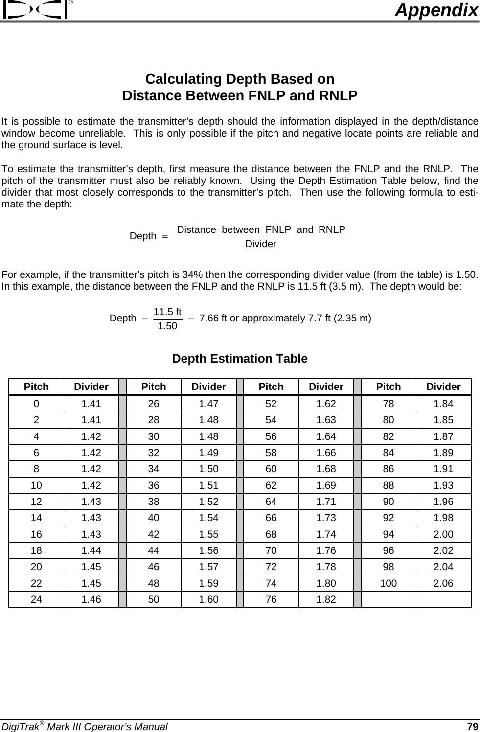 ®  Appendix Calculating Depth Based on  Distance Between FNLP and RNLP It is possible to estimate the transmitter’s depth should the information displayed in the depth/distance window become unreliable.  This is only possible if the pitch and negative locate points are reliable and the ground surface is level.   To estimate the transmitter’s depth, first measure the distance between the FNLP and the RNLP.  The pitch of the transmitter must also be reliably known.  Using the Depth Estimation Table below, find the divider that most closely corresponds to the transmitter’s pitch.  Then use the following formula to esti-mate the depth: DividerRNLPandFNLPbetweenDistanceDepth = For example, if the transmitter’s pitch is 34% then the corresponding divider value (from the table) is 1.50.  In this example, the distance between the FNLP and the RNLP is 11.5 ft (3.5 m).  The depth would be: 7.661.50ft 11.5Depth == ft or approximately 7.7 ft (2.35 m)  Depth Estimation Table Pitch Divider  Pitch  Divider  Pitch Divider  Pitch Divider 0 1.41  26  1.47  52 1.62  78 1.84 2 1.41  28  1.48  54 1.63  80 1.85 4 1.42  30  1.48  56 1.64  82 1.87 6 1.42  32  1.49  58 1.66  84 1.89 8 1.42  34  1.50  60 1.68  86 1.91 10 1.42  36  1.51  62 1.69  88 1.93 12 1.43  38  1.52  64 1.71  90 1.96 14 1.43  40  1.54  66 1.73  92 1.98 16 1.43  42  1.55  68 1.74  94 2.00 18 1.44  44  1.56  70 1.76  96 2.02 20 1.45  46  1.57  72 1.78  98 2.04 22 1.45  48  1.59  74 1.80  100 2.06 24 1.46  50  1.60  76 1.82      DigiTrak® Mark III Operator’s Manual  79 