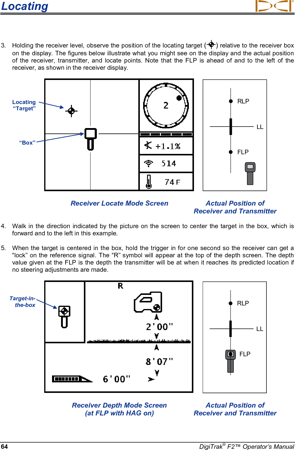 Locating     64 DigiTrak® F2™ Operator’s Manual 3. Holding the receiver level, observe the position of the locating target ( ) relative to the receiver box on the display. The figures below illustrate what you might see on the display and the actual position of the receiver, transmitter, and locate points.  Note that the FLP is ahead of and to the left of the receiver, as shown in the receiver display.   RLPFLPLL  Receiver Locate Mode Screen Actual Position of        Receiver and Transmitter 4. Walk in the direction indicated by the picture on the screen to center the target in the box,  which is forward and to the left in this example. 5. When the target is centered in the box, hold the trigger in for one second so the receiver can get a “lock” on the reference signal. The “R” symbol will appear at the top of the depth screen. The depth value given at the FLP is the depth the transmitter will be at when it reaches its predicted location if no steering adjustments are made.    RLPFLPLL  Receiver Depth Mode Screen Actual Position of     (at FLP with HAG on) Receiver and Transmitter Locating “Target” “Box” Target-in-the-box  + 