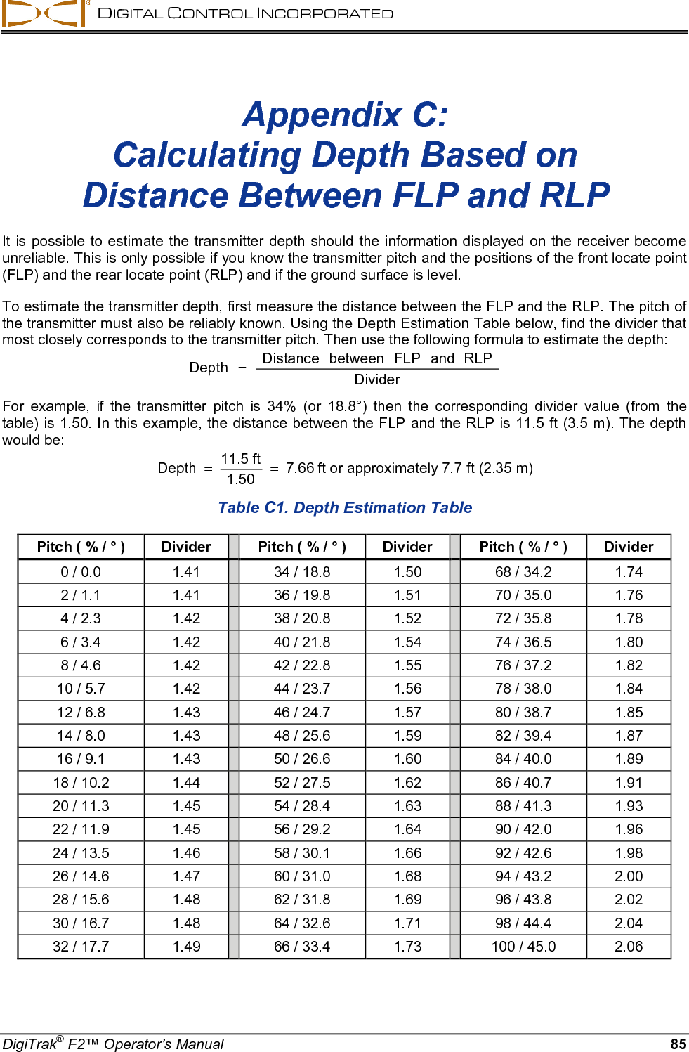  DIGITAL CONTROL INCORPORATED  DigiTrak® F2™ Operator’s Manual 85 Appendix C:  Calculating Depth Based on  Distance Between FLP and RLP  It is possible to estimate the transmitter depth should the information displayed on the receiver become unreliable. This is only possible if you know the transmitter pitch and the positions of the front locate point (FLP) and the rear locate point (RLP) and if the ground surface is level.  To estimate the transmitter depth, first measure the distance between the FLP and the RLP. The pitch of the transmitter must also be reliably known. Using the Depth Estimation Table below, find the divider that most closely corresponds to the transmitter pitch. Then use the following formula to estimate the depth: DividerRLPandFLPbetweenDistanceDepth = For example, if the transmitter pitch is 34% (or 18.8°) then the corresponding divider value (from the table) is 1.50. In this example, the distance between the FLP and the RLP is 11.5 ft (3.5 m). The depth would be: 7.661.50ft 11.5Depth ==ft or approximately 7.7 ft (2.35 m)  Table C1. Depth Estimation Table Pitch ( % / ° ) Divider    Pitch ( % / ° ) Divider    Pitch ( % / ° ) Divider 0 / 0.0 1.41    34 / 18.8 1.50    68 / 34.2 1.74 2 / 1.1 1.41    36 / 19.8 1.51    70 / 35.0 1.76 4 / 2.3 1.42    38 / 20.8 1.52    72 / 35.8 1.78 6 / 3.4 1.42    40 / 21.8 1.54    74 / 36.5 1.80 8 / 4.6 1.42    42 / 22.8 1.55    76 / 37.2 1.82 10 / 5.7 1.42    44 / 23.7 1.56    78 / 38.0 1.84 12 / 6.8 1.43    46 / 24.7 1.57    80 / 38.7 1.85 14 / 8.0 1.43    48 / 25.6 1.59    82 / 39.4 1.87 16 / 9.1 1.43    50 / 26.6 1.60    84 / 40.0 1.89 18 / 10.2 1.44    52 / 27.5 1.62    86 / 40.7 1.91 20 / 11.3 1.45    54 / 28.4 1.63    88 / 41.3 1.93 22 / 11.9 1.45    56 / 29.2 1.64    90 / 42.0 1.96 24 / 13.5 1.46    58 / 30.1 1.66    92 / 42.6 1.98 26 / 14.6 1.47    60 / 31.0 1.68    94 / 43.2 2.00 28 / 15.6 1.48    62 / 31.8 1.69    96 / 43.8 2.02 30 / 16.7 1.48    64 / 32.6 1.71    98 / 44.4 2.04 32 / 17.7 1.49    66 / 33.4 1.73    100 / 45.0 2.06  