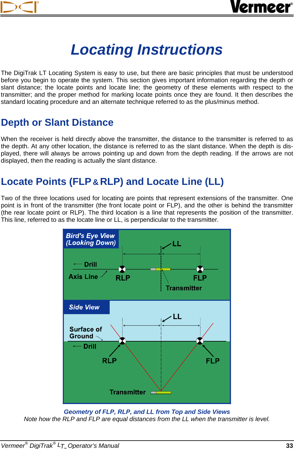  ® Vermeer® DigiTrak® LT™ Operator’s Manual 33 Locating Instructions The DigiTrak LT Locating System is easy to use, but there are basic principles that must be understood before you begin to operate the system. This section gives important information regarding the depth or slant distance; the locate points and locate line; the geometry of these elements with respect to the transmitter; and the proper method for marking locate points once they are found. It then describes the standard locating procedure and an alternate technique referred to as the plus/minus method. Depth or Slant Distance When the receiver is held directly above the transmitter, the distance to the transmitter is referred to as the depth. At any other location, the distance is referred to as the slant distance. When the depth is dis-played, there will always be arrows pointing up and down from the depth reading. If the arrows are not displayed, then the reading is actually the slant distance. Locate Points (FLP &amp; RLP) and Locate Line (LL) Two of the three locations used for locating are points that represent extensions of the transmitter. One point is in front of the transmitter (the front locate point or FLP), and the other is behind the transmitter (the rear locate point or RLP). The third location is a line that represents the position of the transmitter. This line, referred to as the locate line or LL, is perpendicular to the transmitter.    Geometry of FLP, RLP, and LL from Top and Side Views  Note how the RLP and FLP are equal distances from the LL when the transmitter is level. 